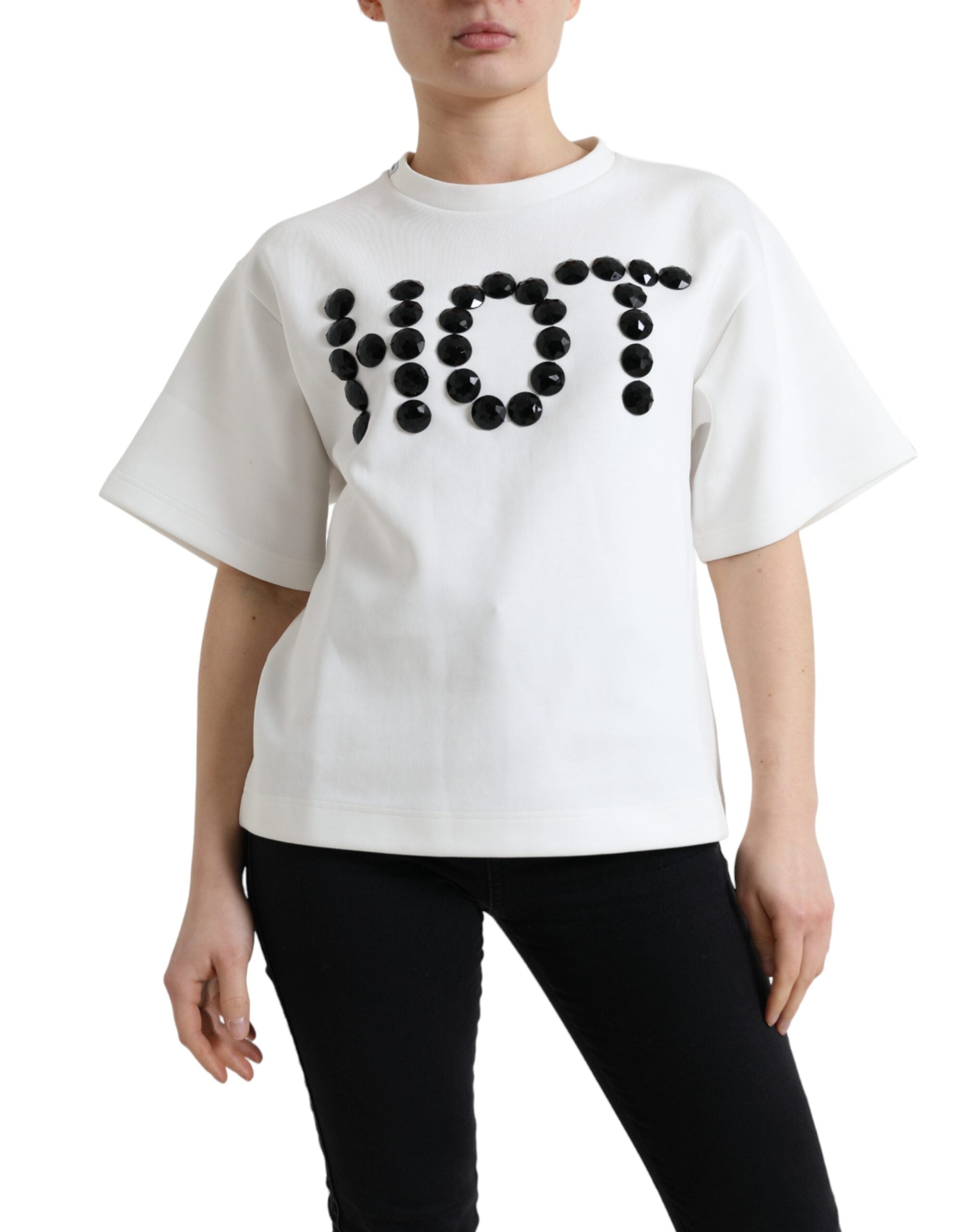 Dolce & Gabbana T-shirt Weiß Baumwolle Stretch Schwarz HOT Crystal