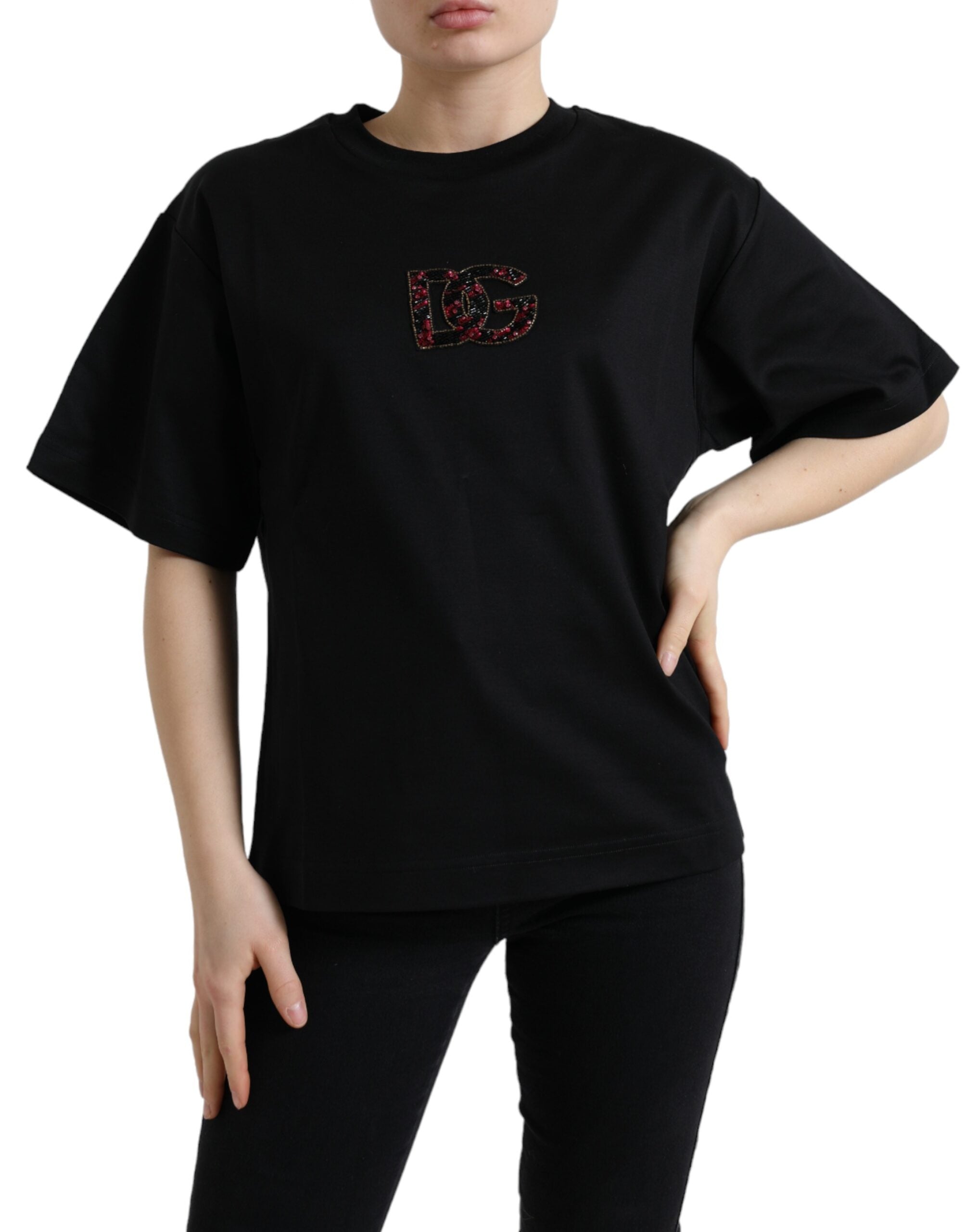 Dolce & Gabbana Schwarzes Baumwoll-T-Shirt DG Crystal Crewneck Tee