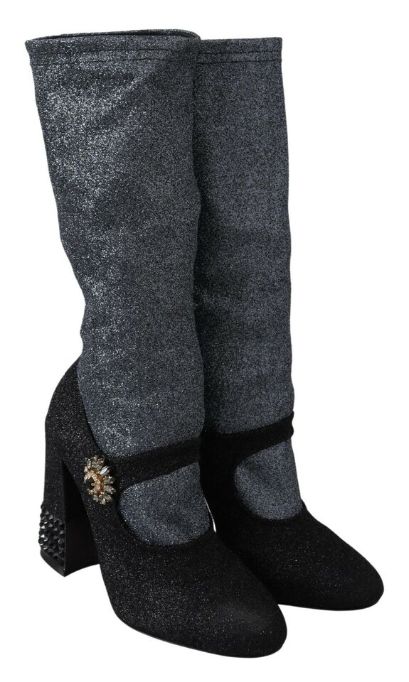 Dolce & Gabbana Schwarz Kristall Mary Janes Booties Schuhe