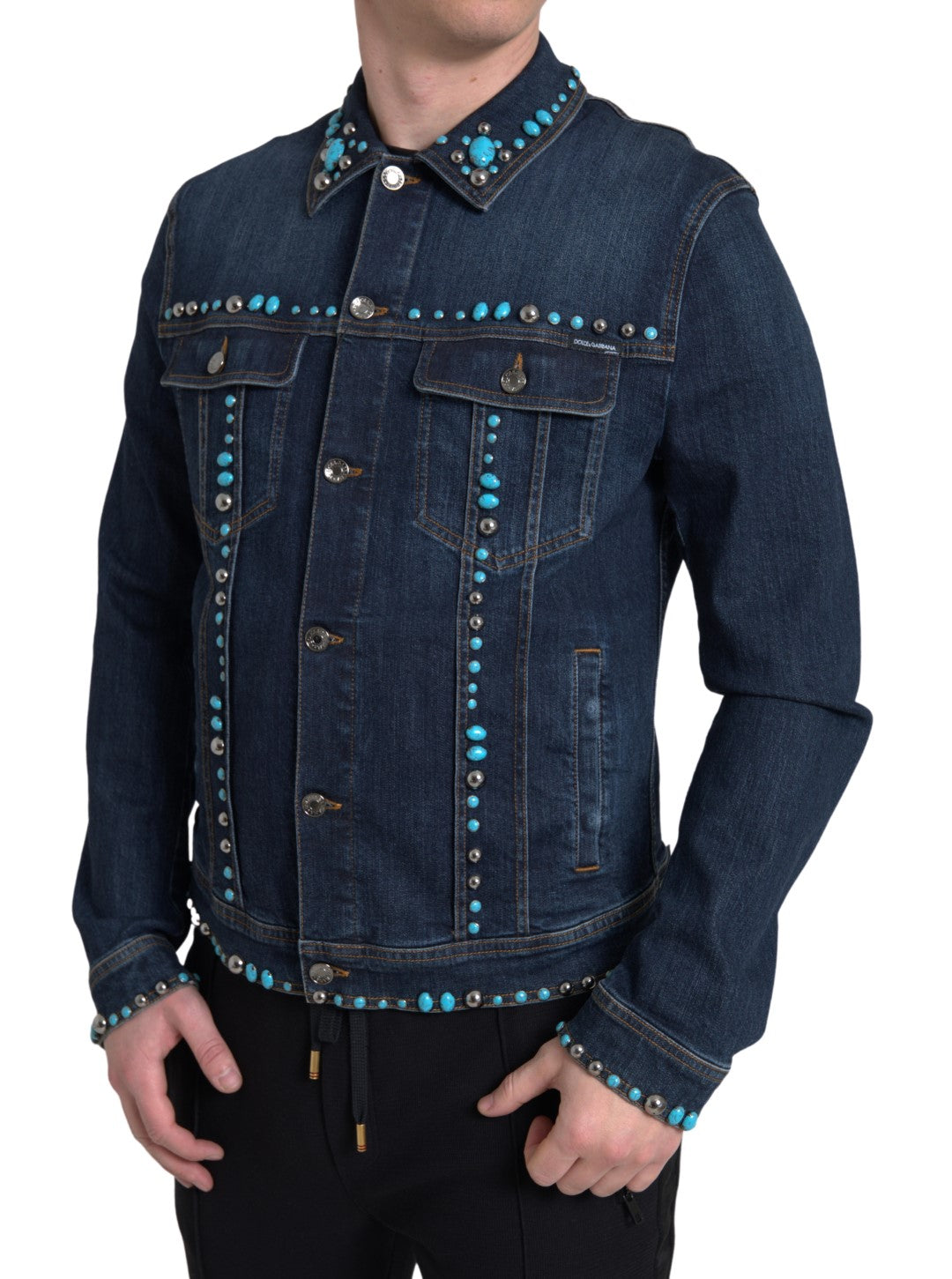 Dolce & Gabbana Blaue Denim-Jacke mit türkisfarbenen Steinen und Nieten