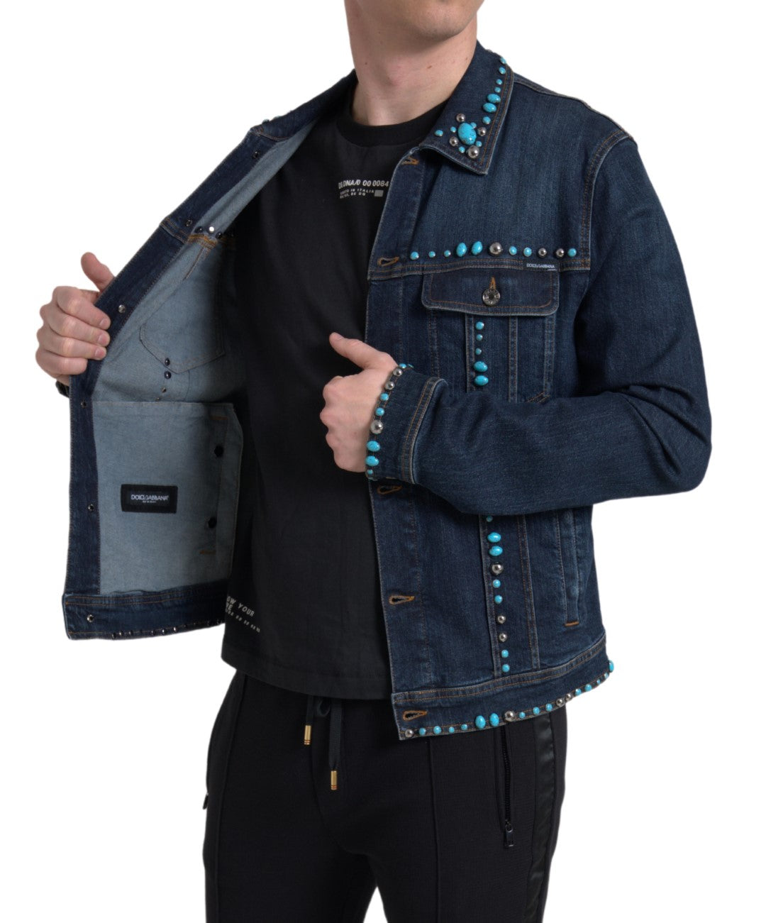 Dolce & Gabbana Blaue Denim-Jacke mit türkisfarbenen Steinen und Nieten
