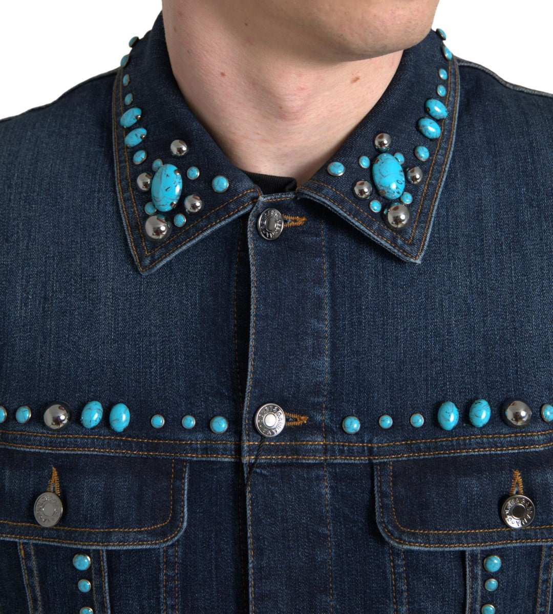 Dolce & Gabbana Blaue Denim-Jacke mit türkisfarbenen Steinen und Nieten