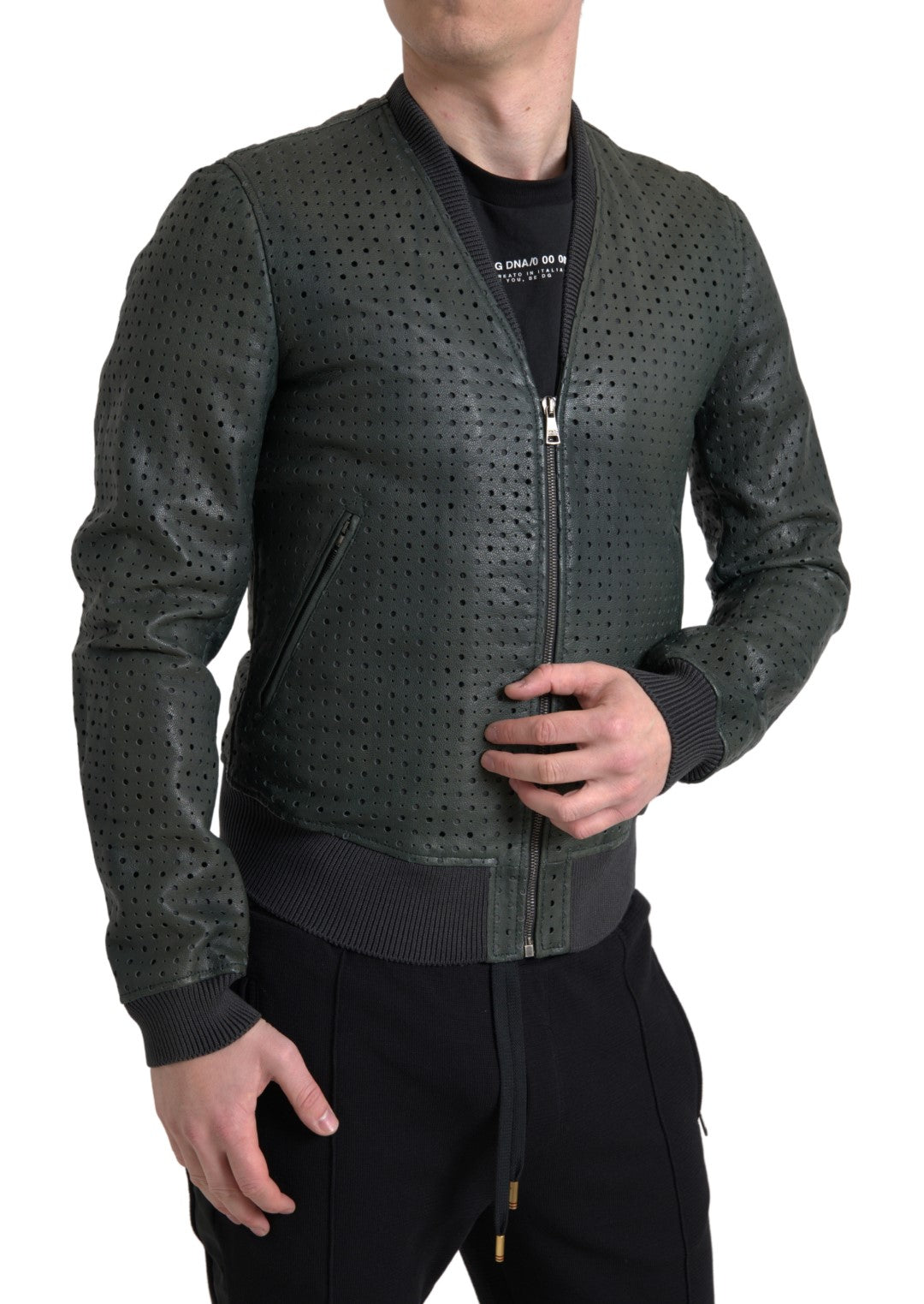 Dolce & Gabbana Grüne Bomberjacke aus Leder mit Perforation