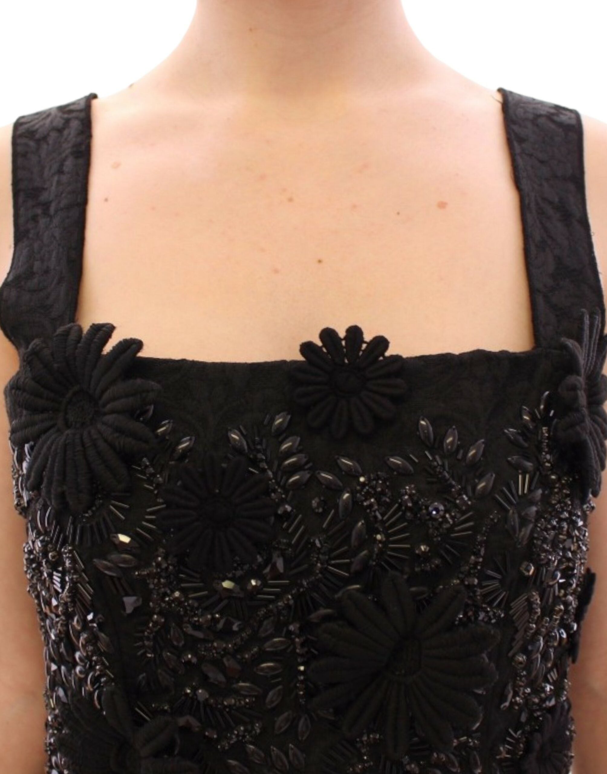 Dolce & Gabbana Schwarzes geblümtes, kristallbesetztes Kleid
