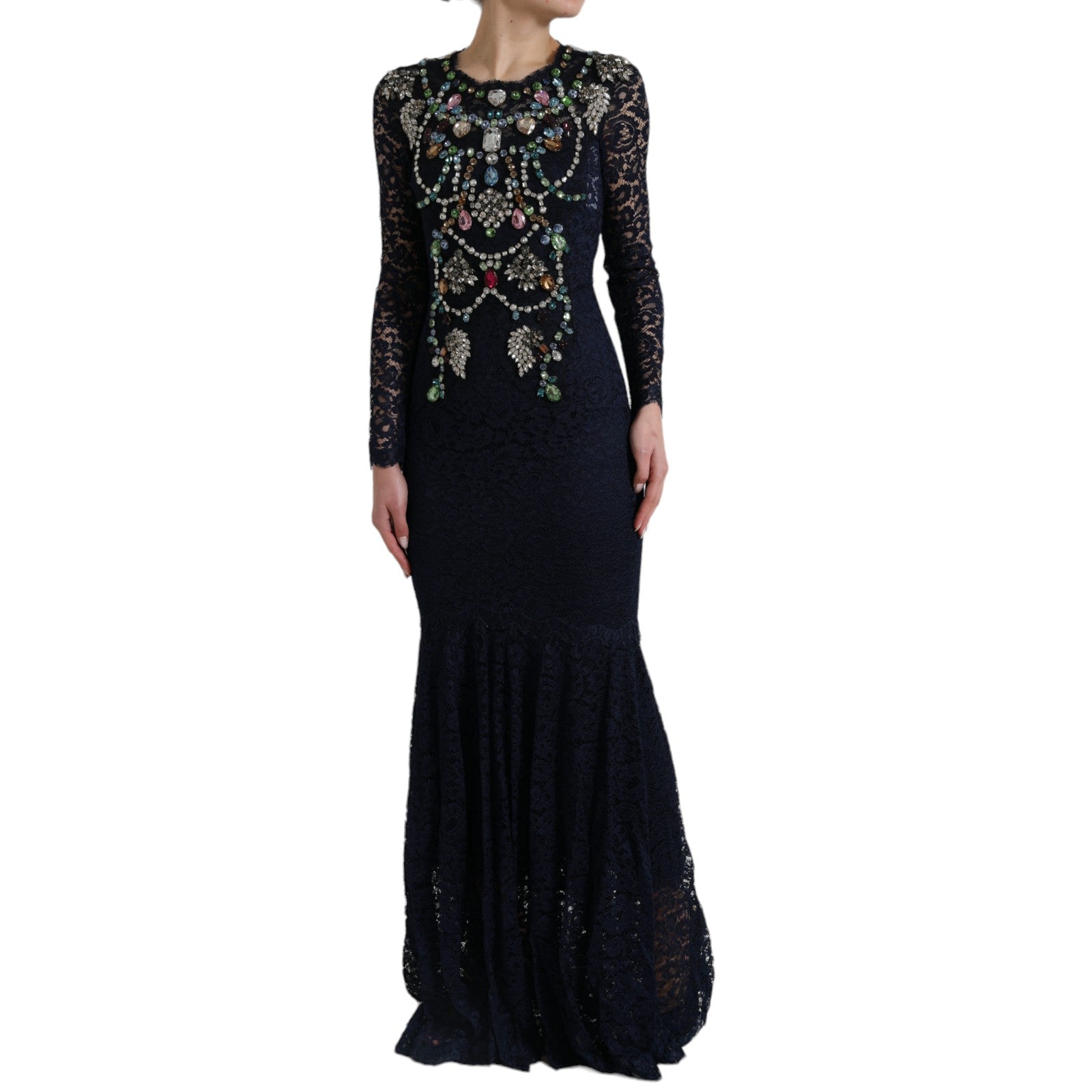Dolce & Gabbana Blaues Kleid aus geblümter Spitze mit Kristall