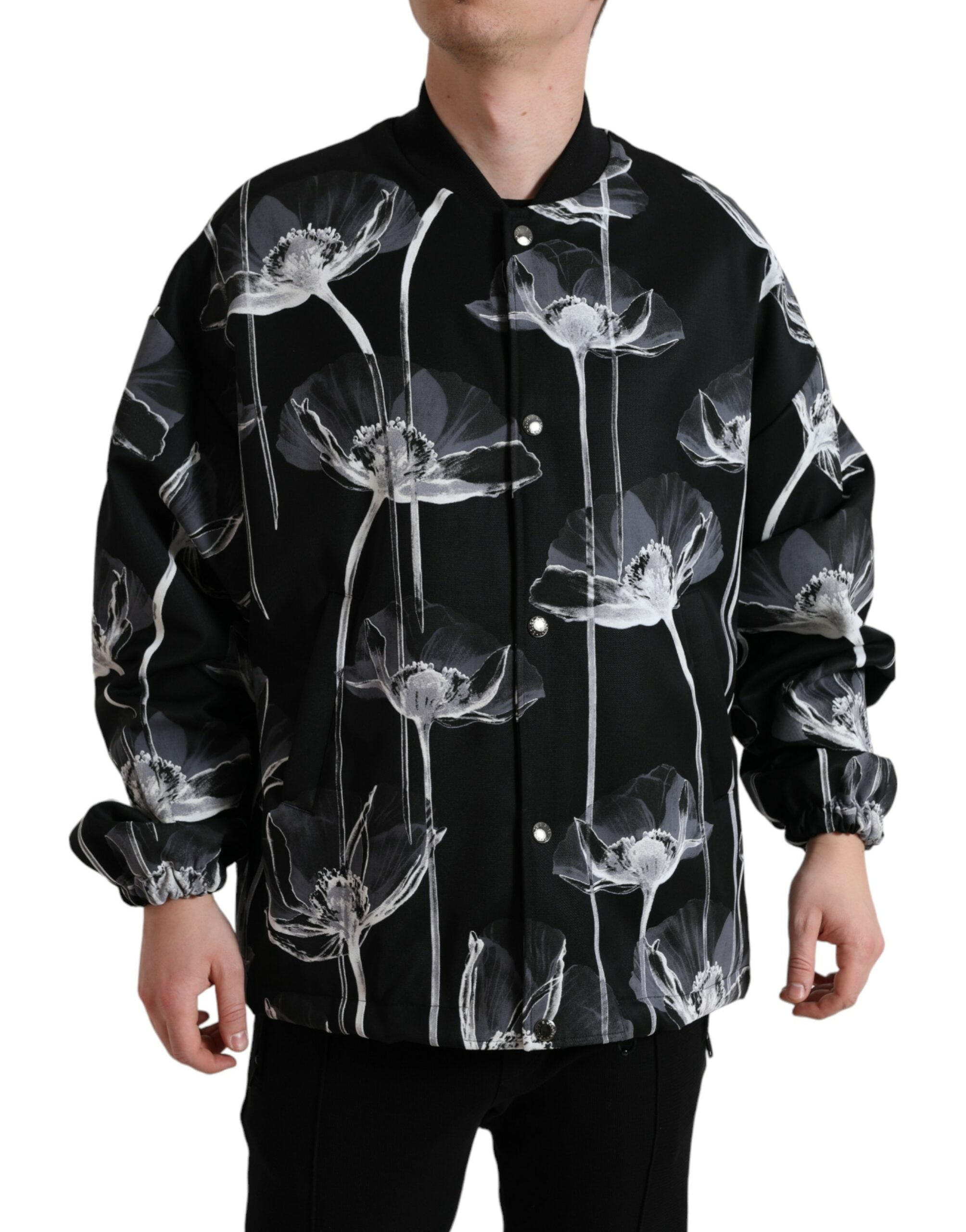 Dolce & Gabbana Schwarze Bomberjacke aus Wolle mit Blumendruck und Knopfleiste