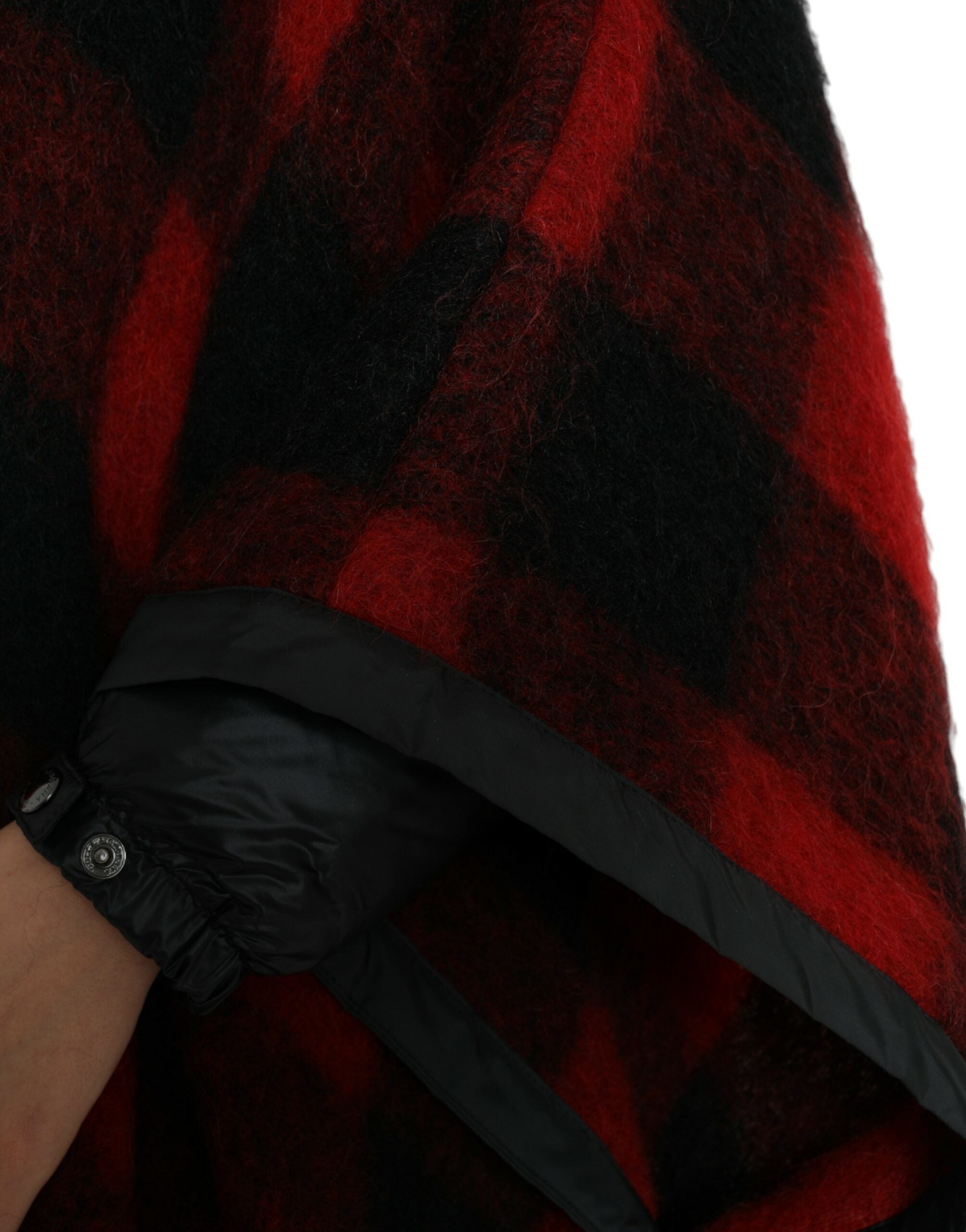 Dolce & Gabbana Schwarz Rot Büffelkaro Poncho Jacke mit Kapuze