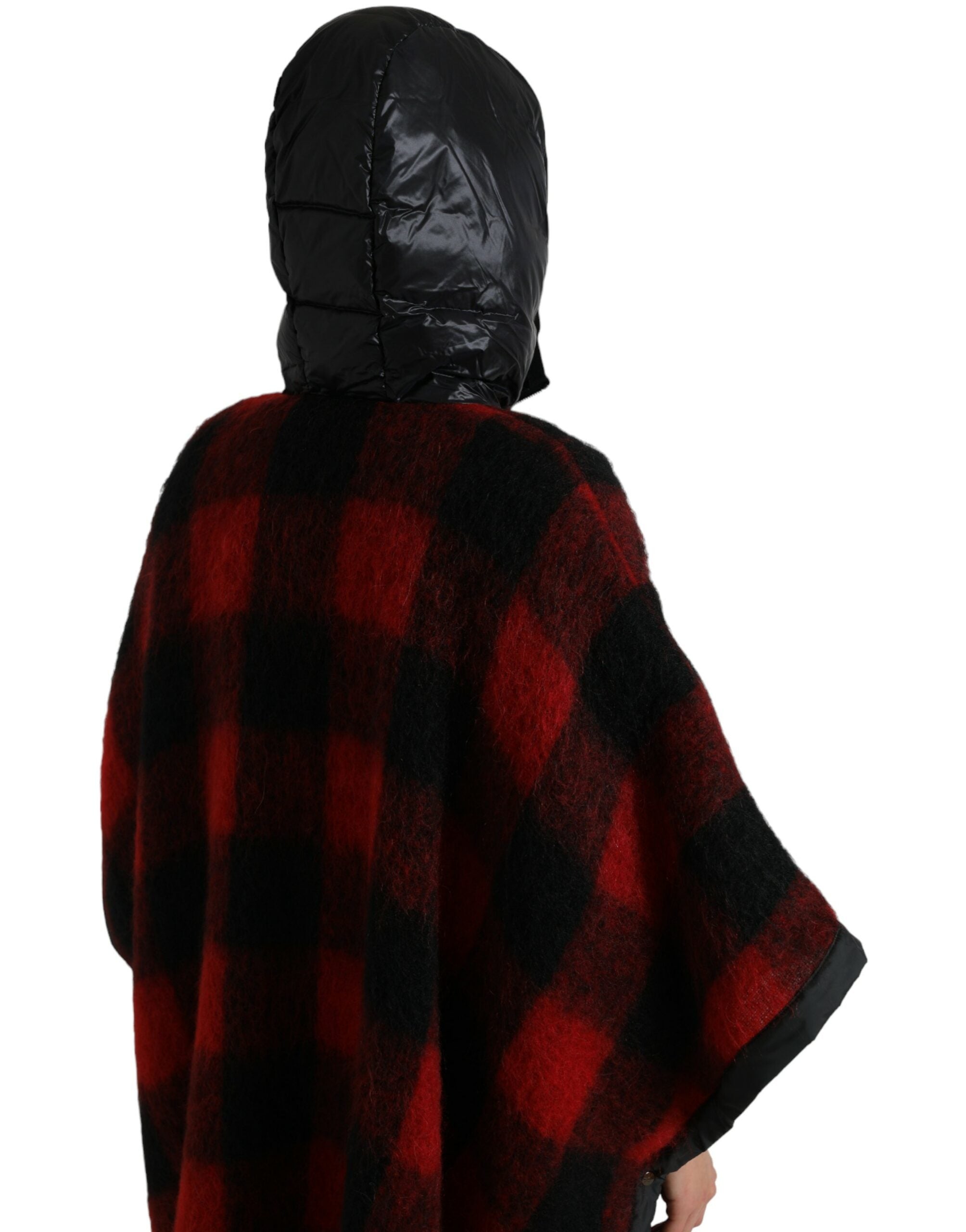 Dolce & Gabbana Schwarz Rot Büffelkaro Poncho Jacke mit Kapuze