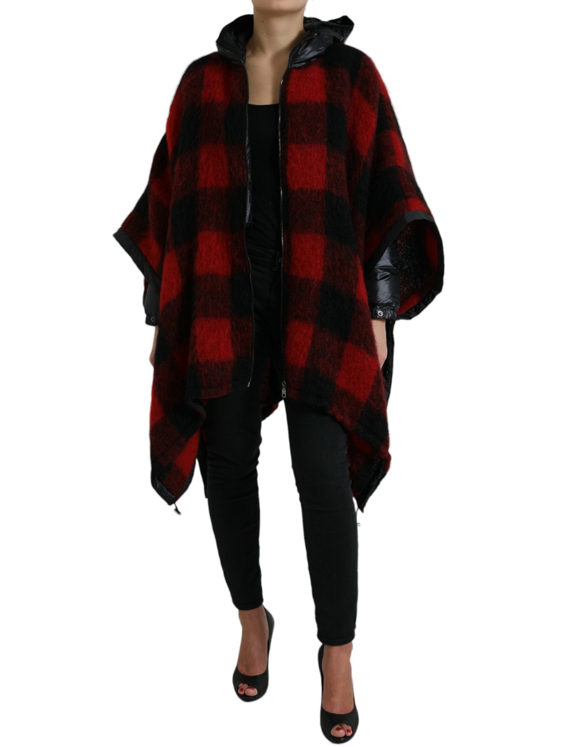 Dolce & Gabbana Schwarz Rot Büffelkaro Poncho Jacke mit Kapuze