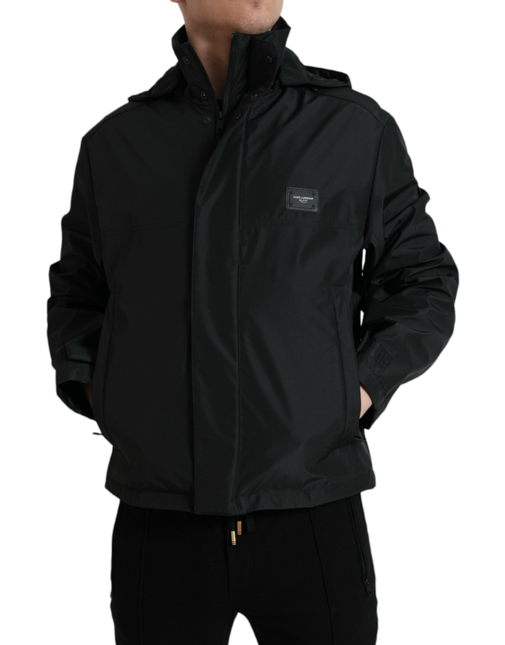 Dolce & Gabbana Schwarze Polyester-Logo-Plakette Kapuzenjacke