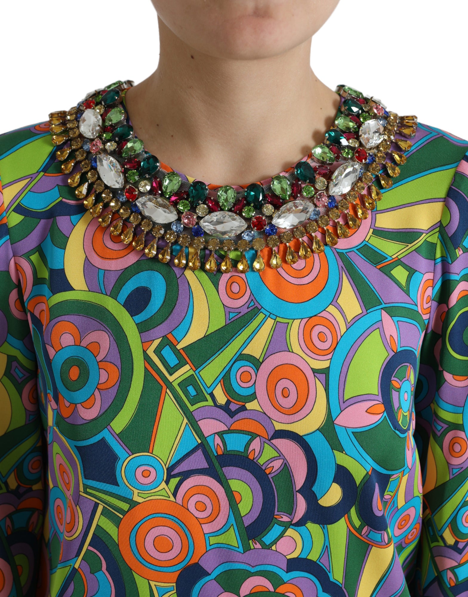 Dolce & Gabbana Multicolor Geometrischer Druck Seide Kristalle Midikleid