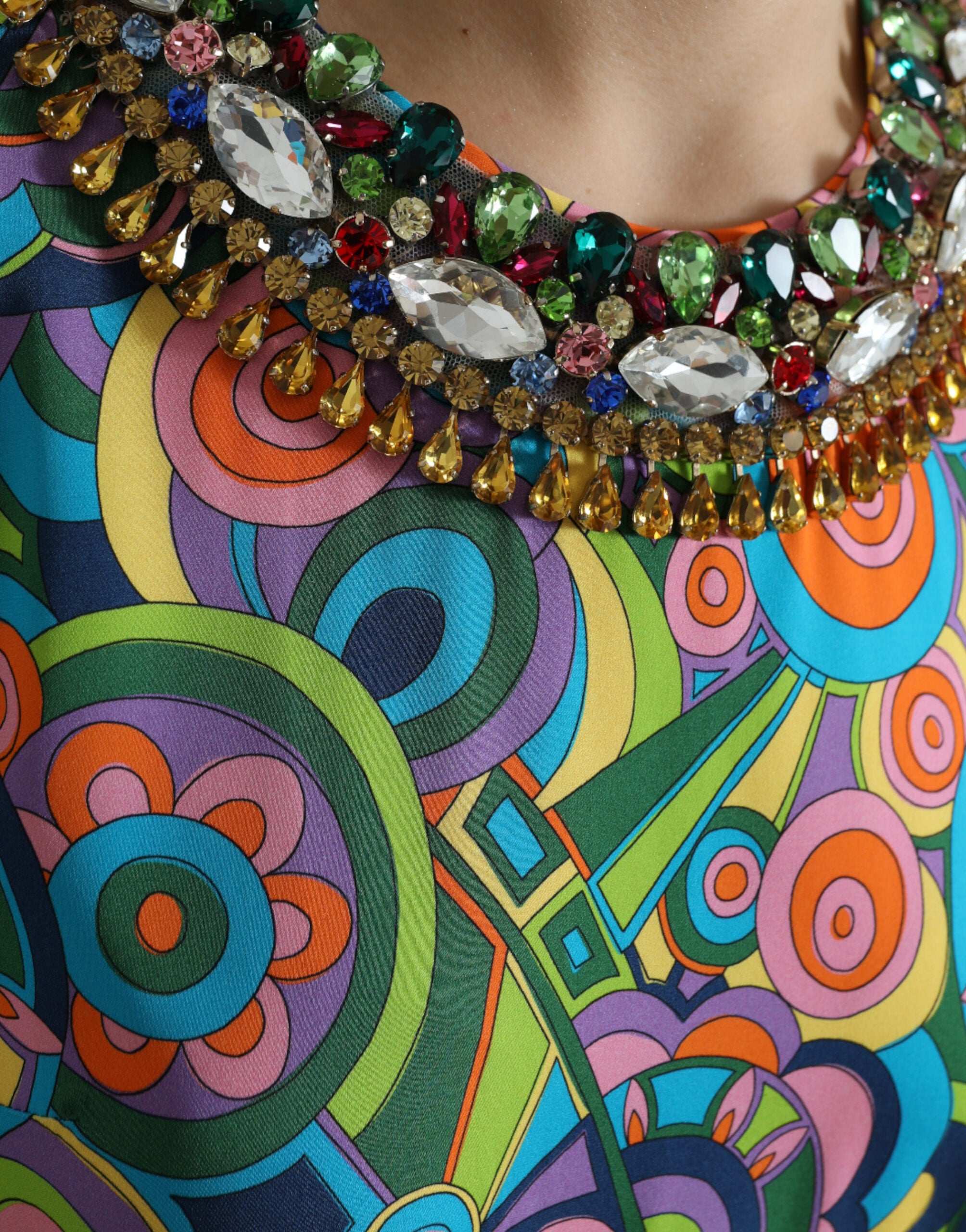 Dolce & Gabbana Multicolor Geometrischer Druck Seide Kristalle Midikleid