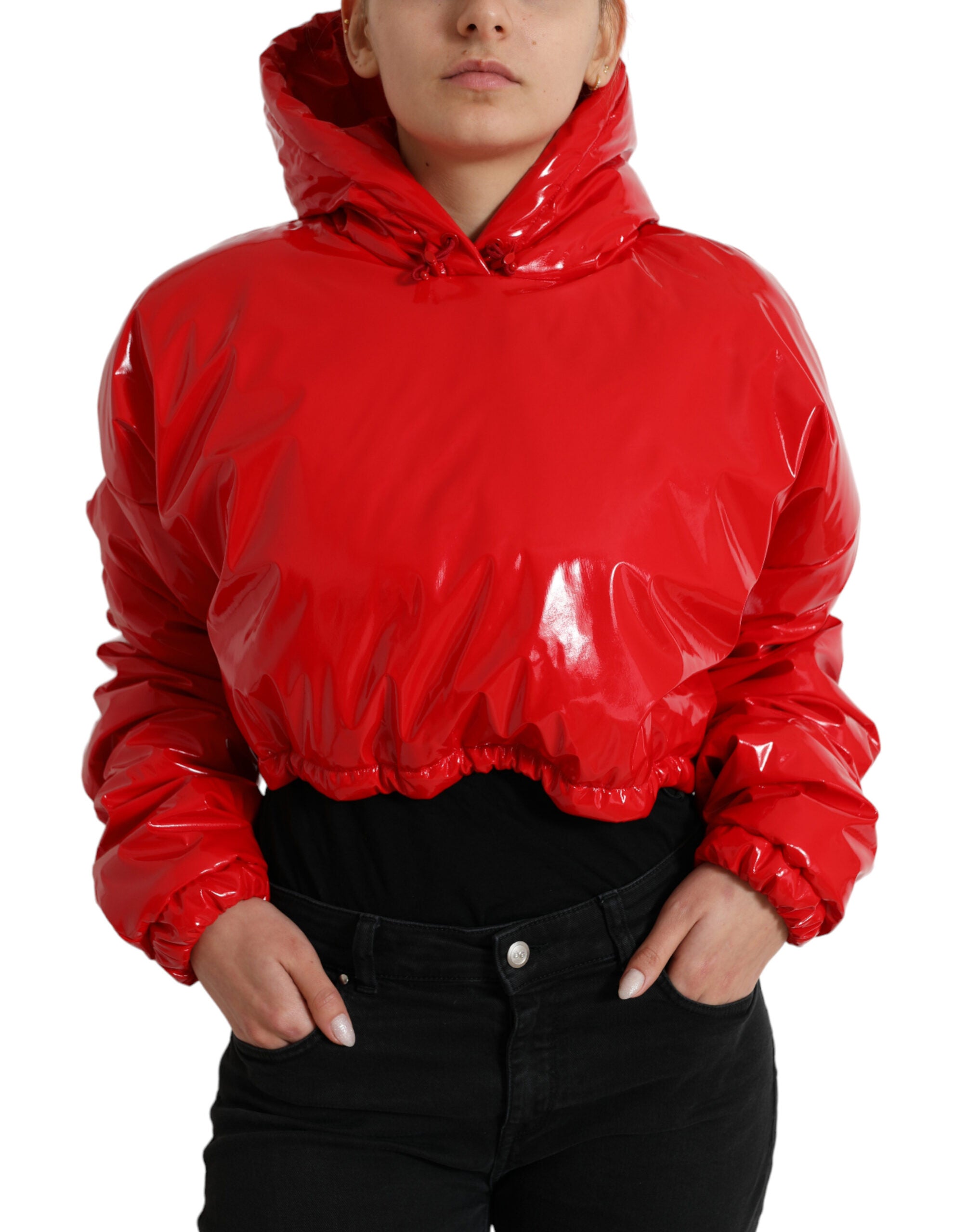 Dolce & Gabbana Glänzend rote Kurzmantel-Jacke mit Kapuze