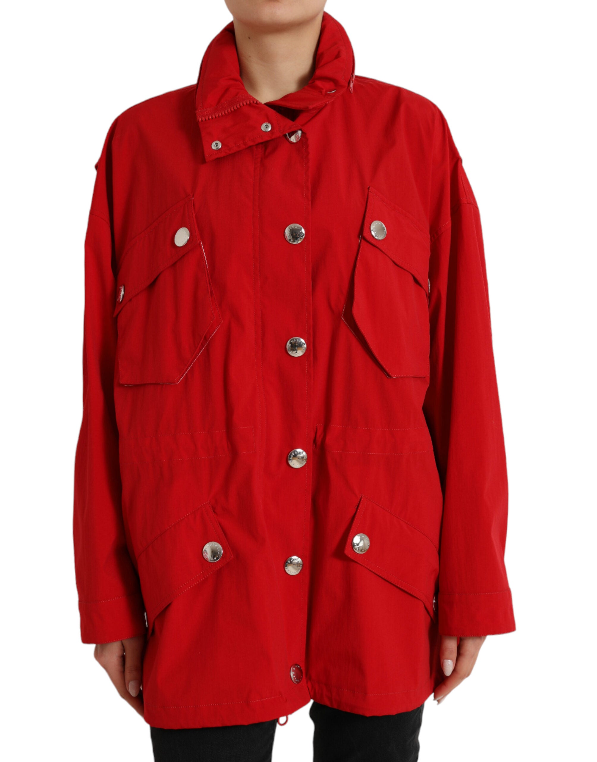 Dolce & Gabbana Roter Polyester Regenmantel mit Kapuze und Knopfleiste