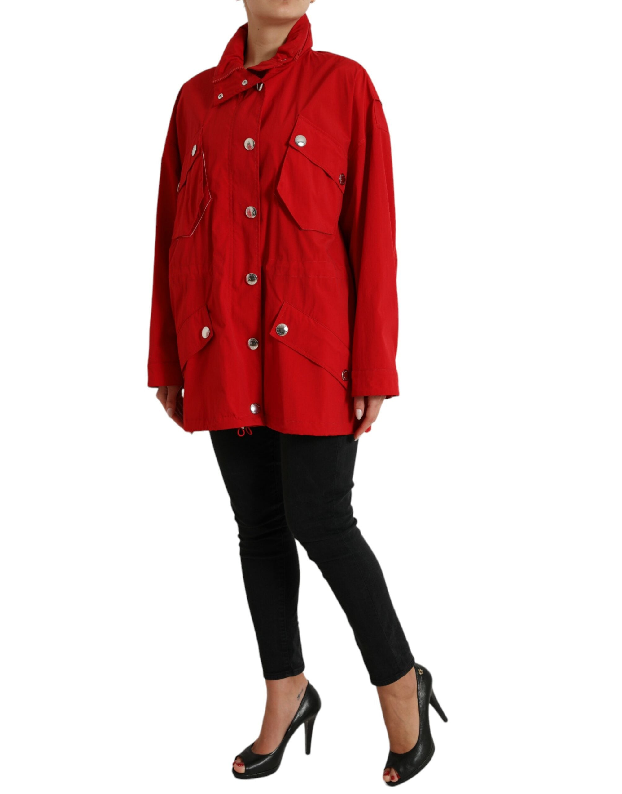Dolce & Gabbana Roter Polyester Regenmantel mit Kapuze und Knopfleiste