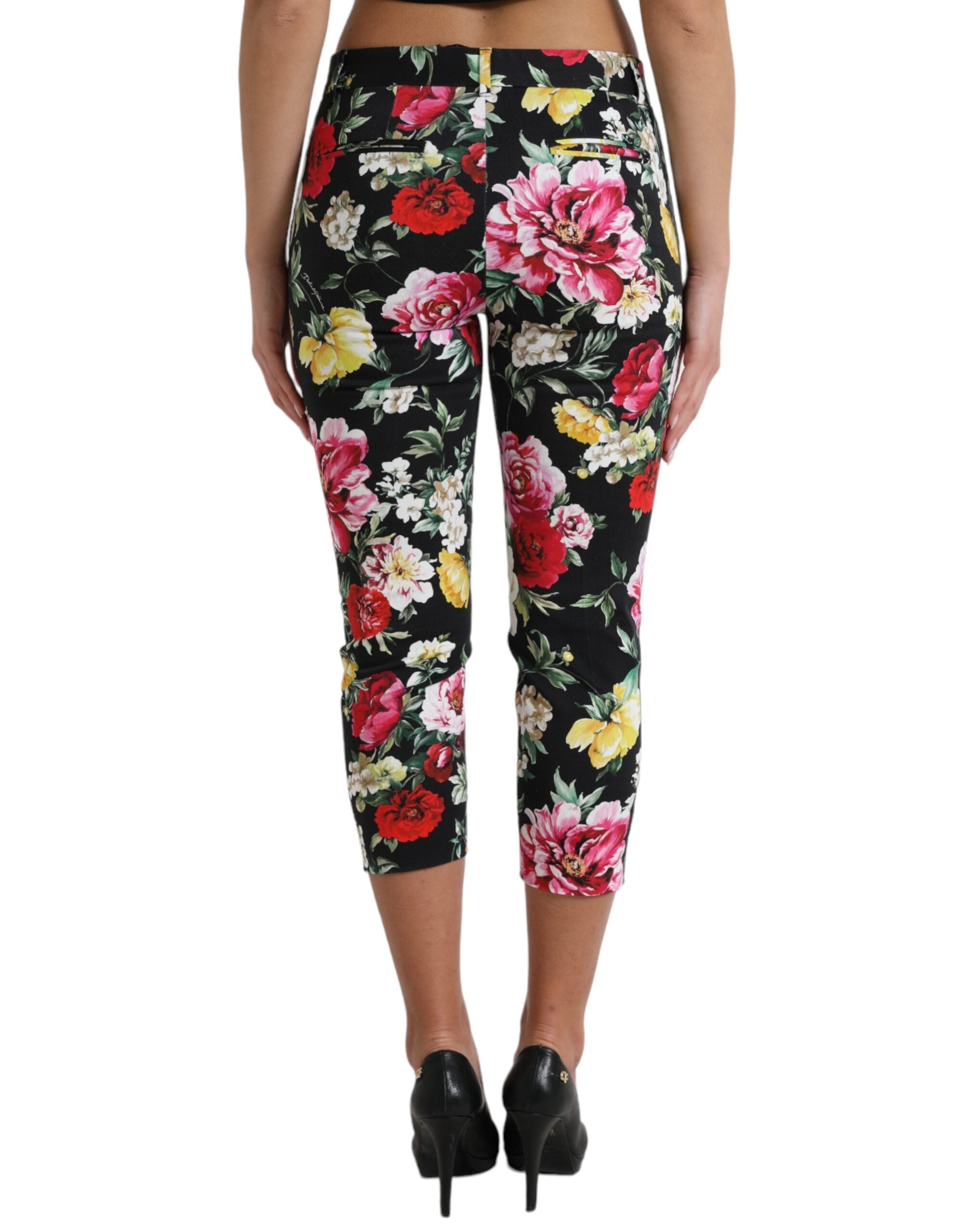Dolce & Gabbana Schwarze Hose mit Blumendruck und mittlerer Taille