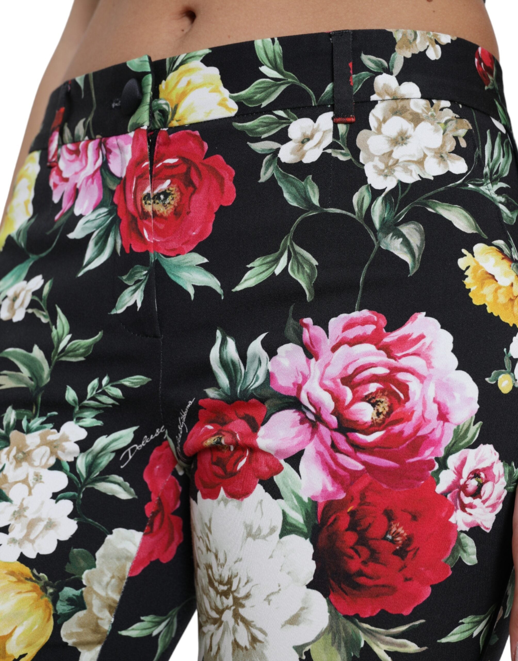 Dolce & Gabbana Schwarze Hose mit Blumendruck und mittlerer Taille