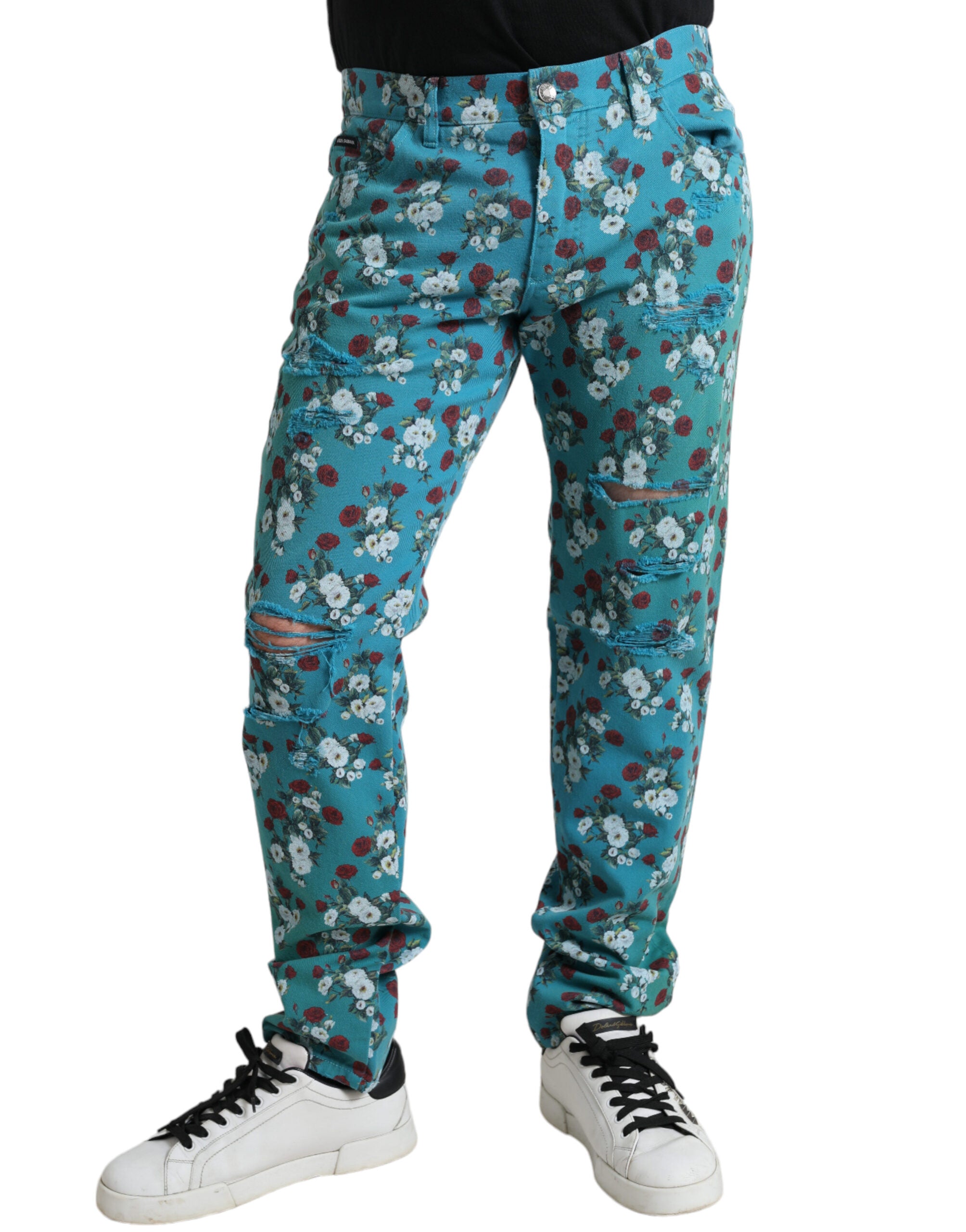 Dolce & Gabbana Blaue Skinny Denim-Hose aus Baumwolle mit Blumendruck