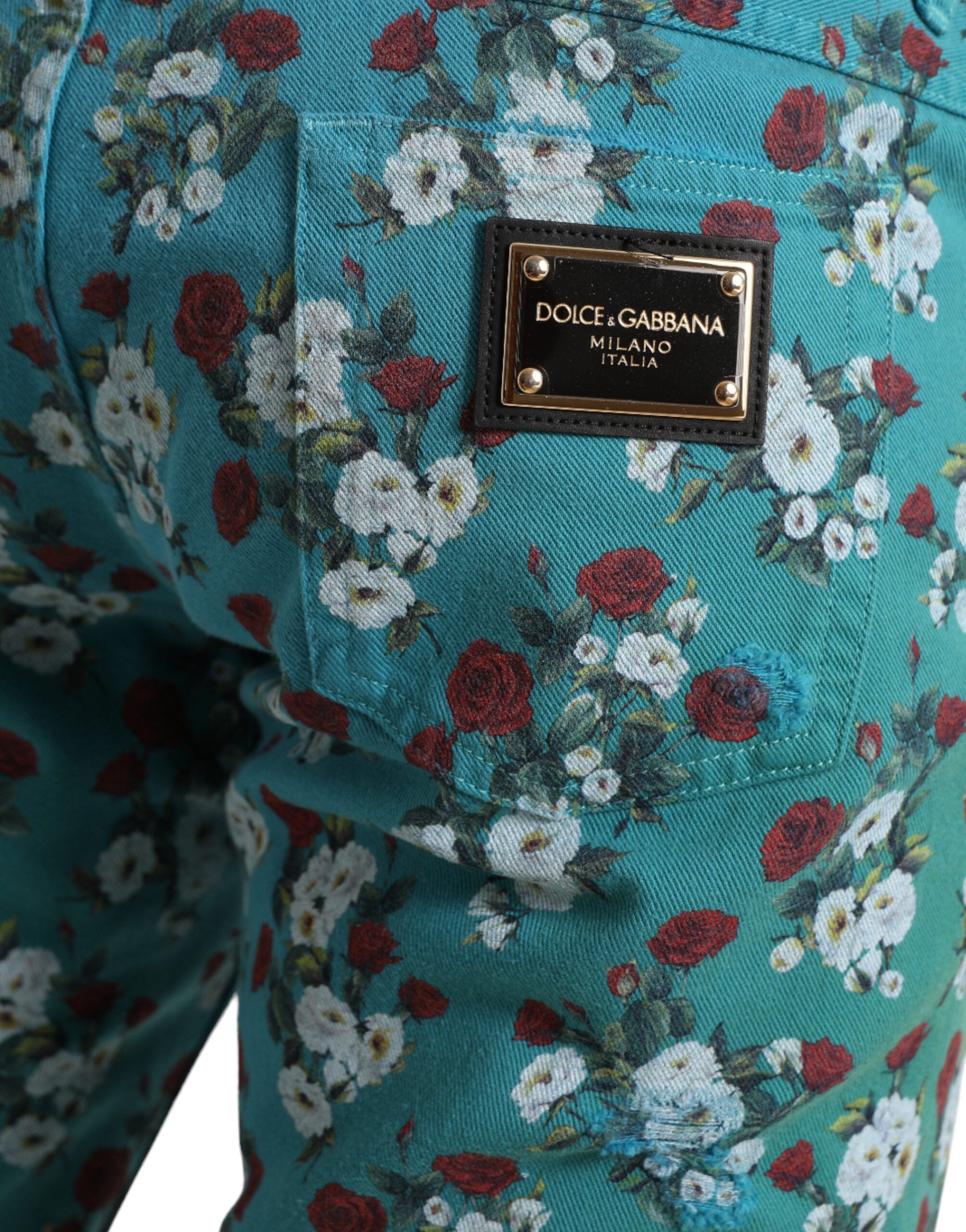 Dolce & Gabbana Blaue Skinny Denim-Hose aus Baumwolle mit Blumendruck