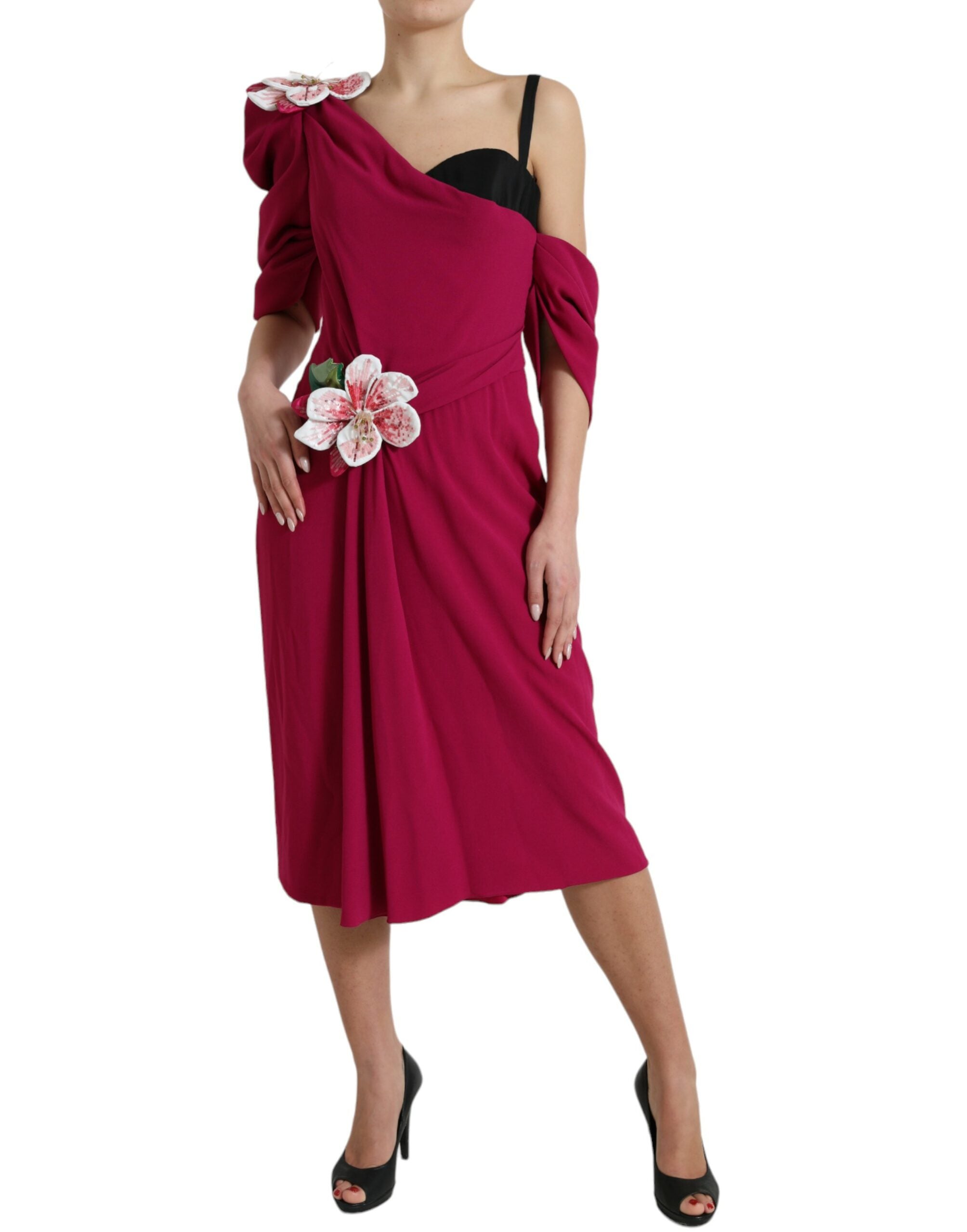 Dolce & Gabbana Lila blumengeschmücktes One-Shoulder-Kleid