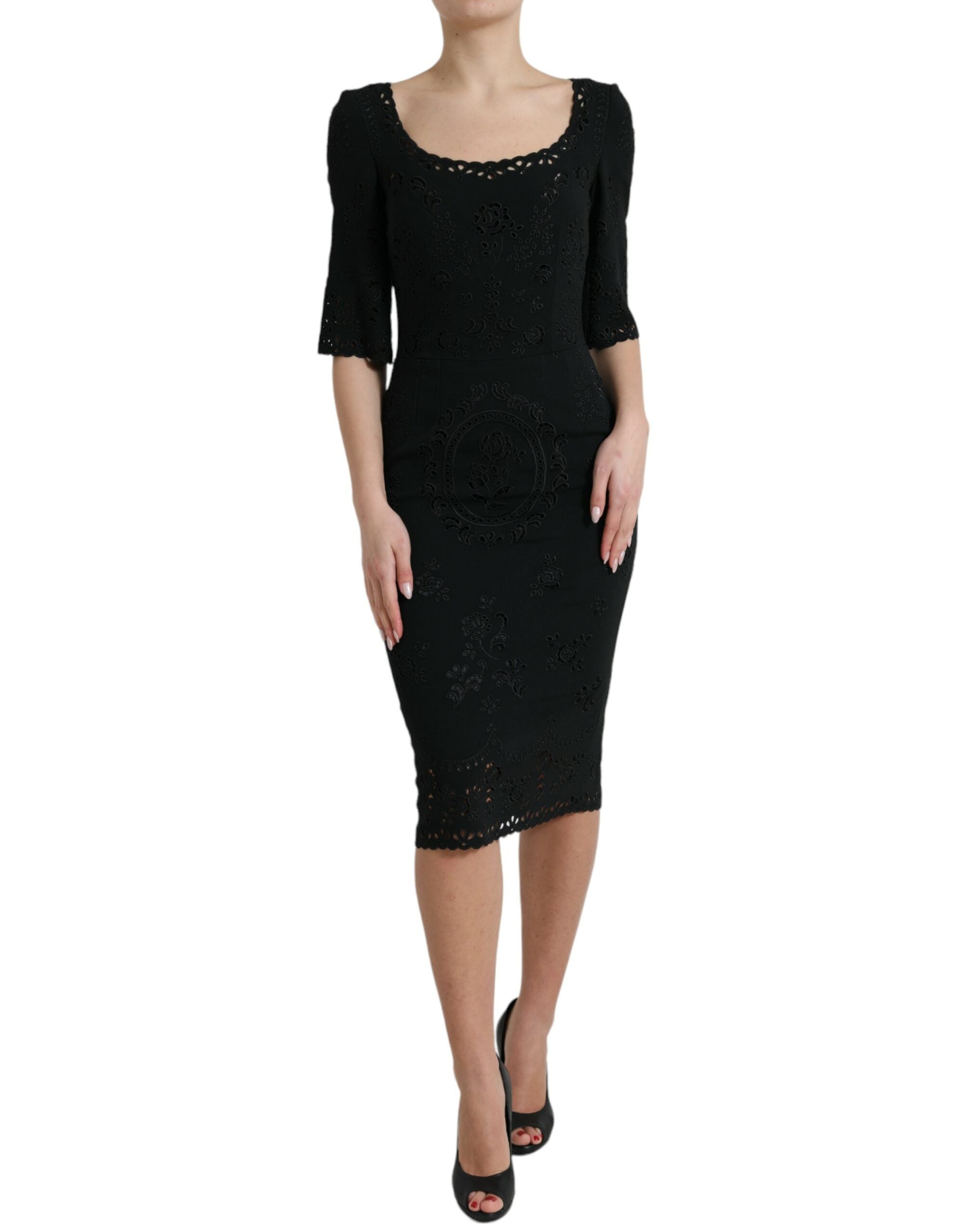 Dolce & Gabbana Schwarzes Viskose-Bodycon-Kleid mit floraler Spitze