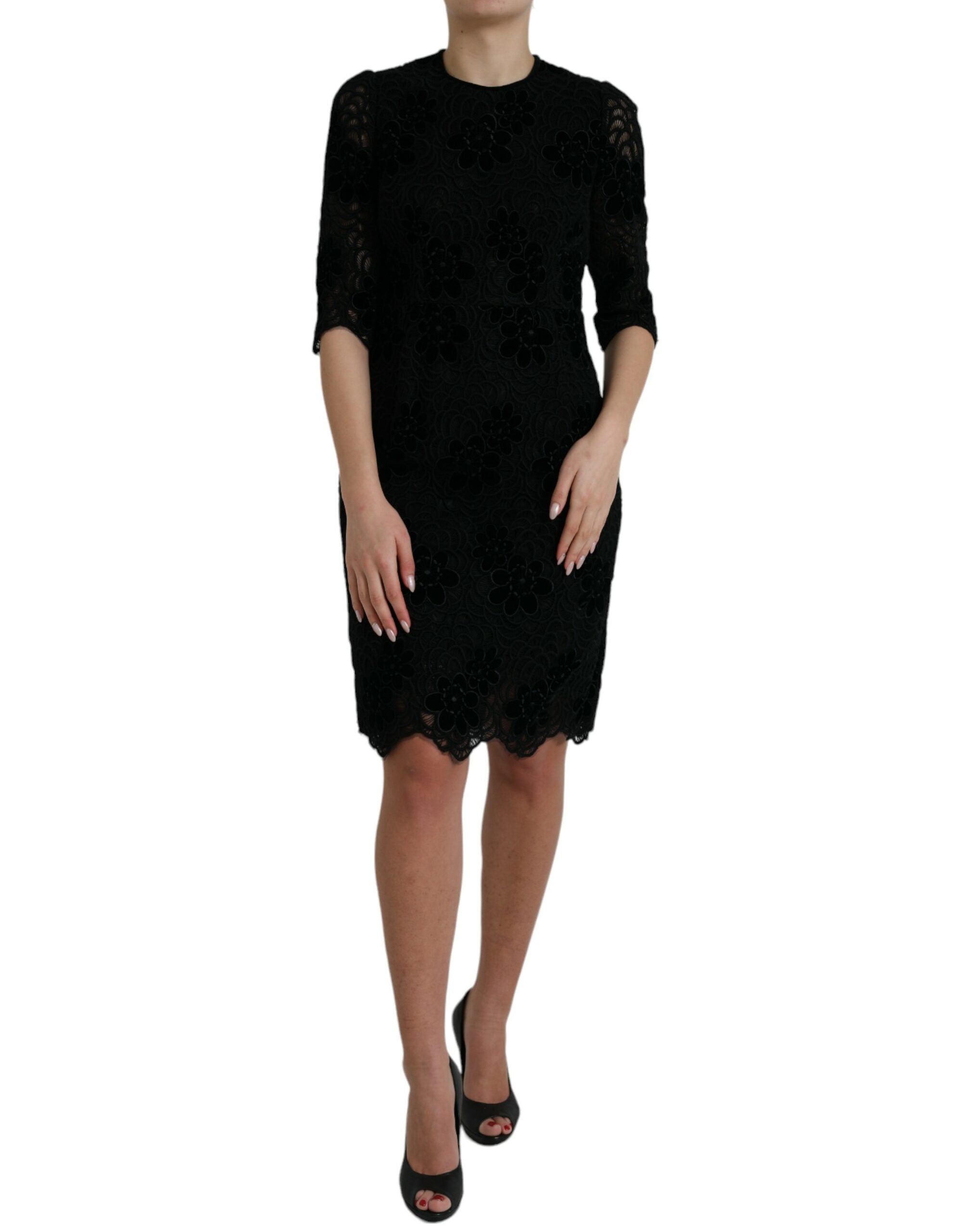 Dolce & Gabbana Schwarzes Bodycon-Kleid aus Baumwolle mit floraler Spitze