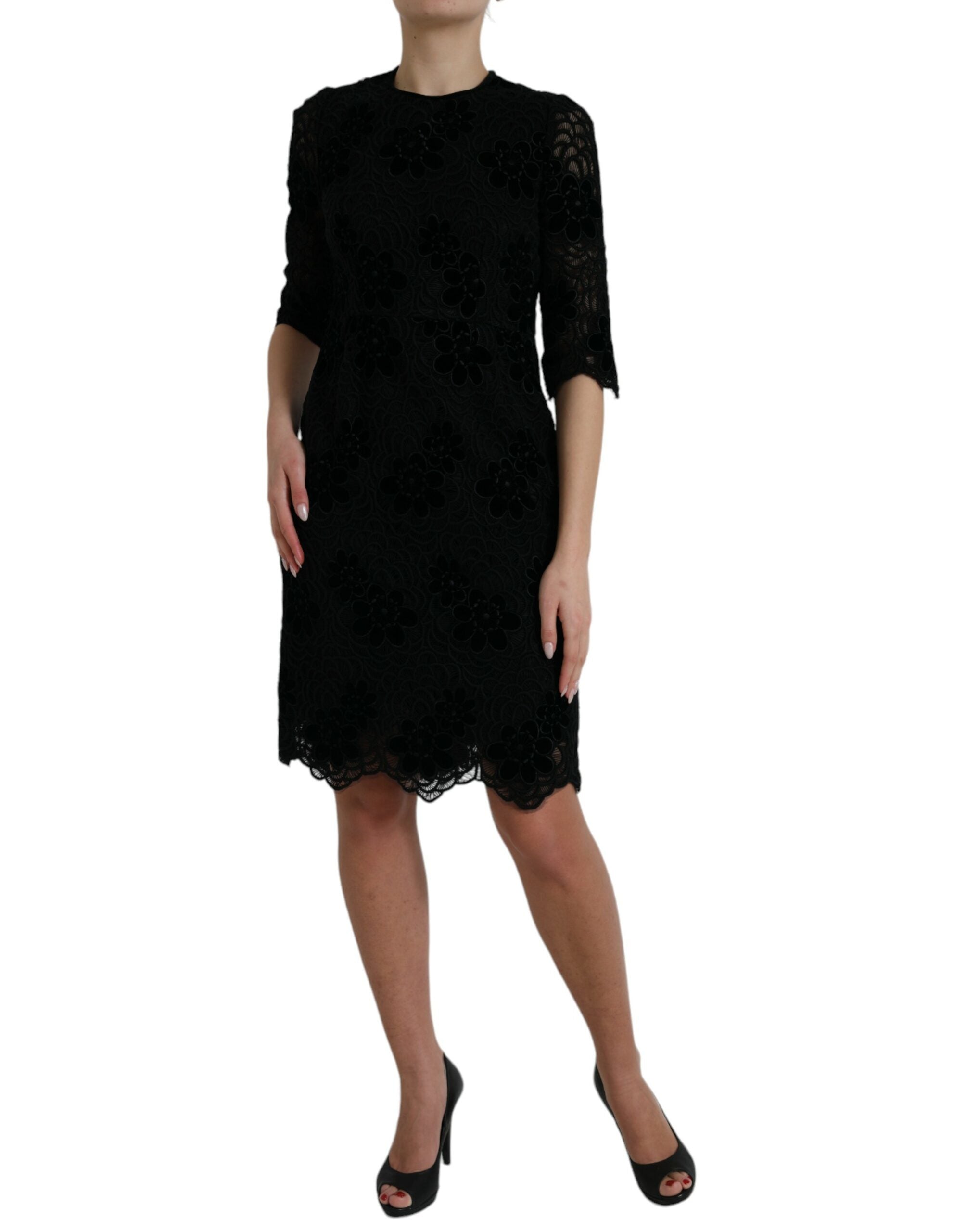 Dolce & Gabbana Schwarzes Bodycon-Kleid aus Baumwolle mit floraler Spitze