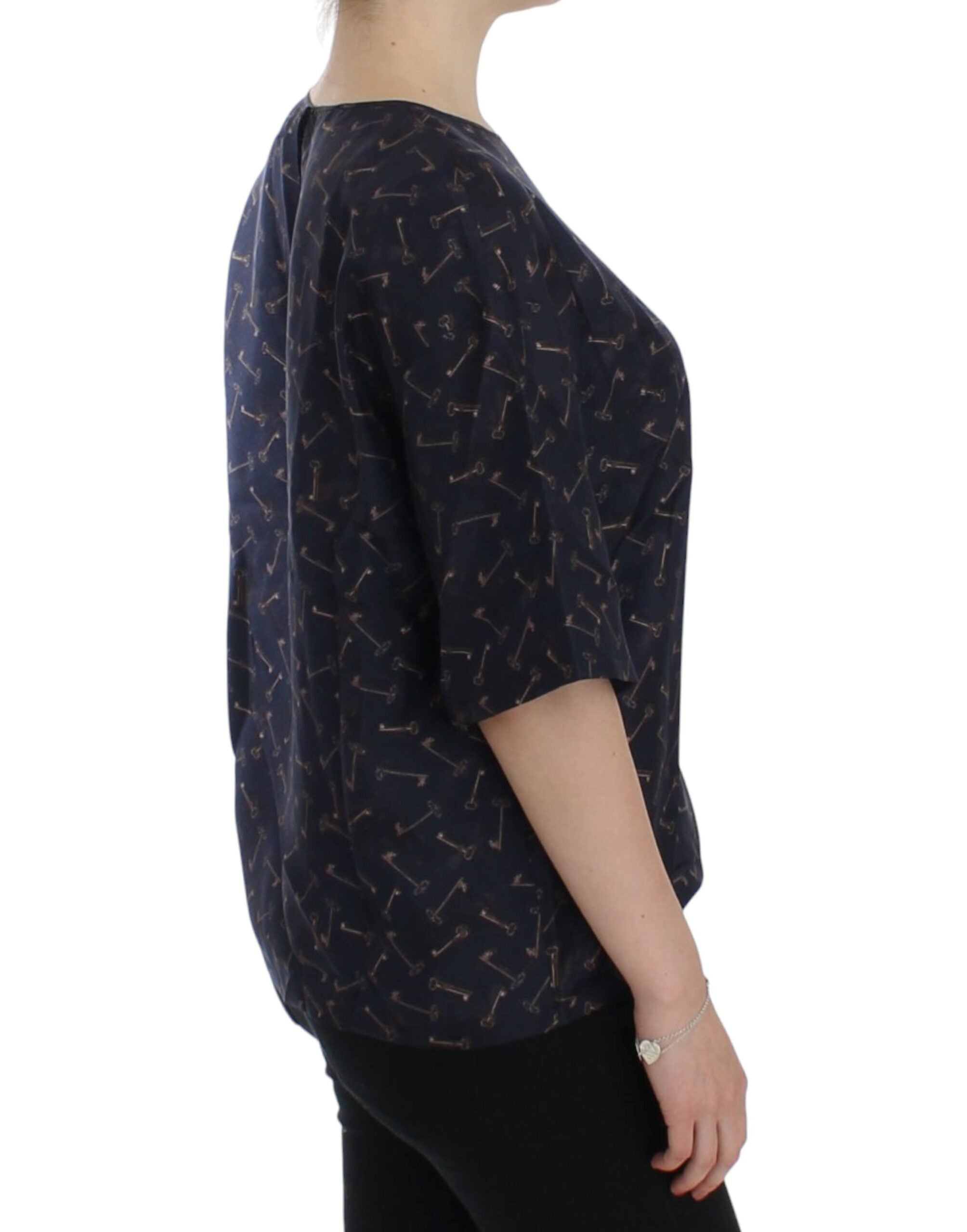 Dolce & Gabbana Blau-goldene Seidenbluse mit Schlüsseldruck