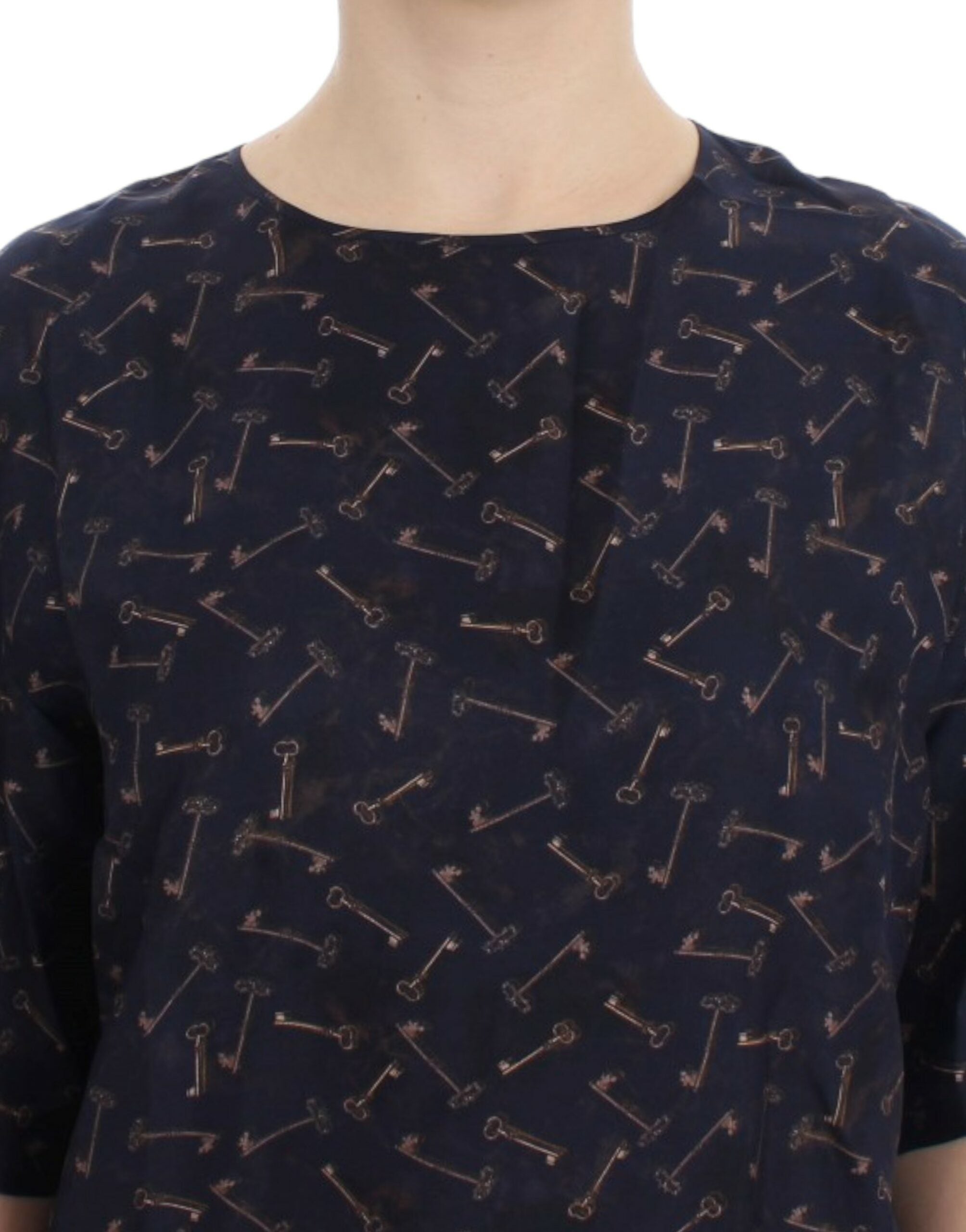 Dolce & Gabbana Blau-goldene Seidenbluse mit Schlüsseldruck