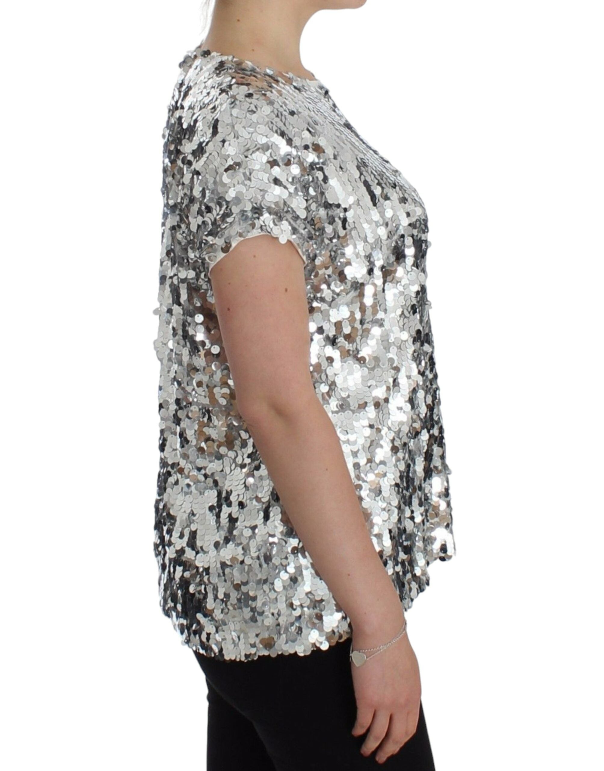 Dolce & Gabbana Silberne paillettenbesetzte Bluse mit Rundhalsausschnitt T-shirt Top
