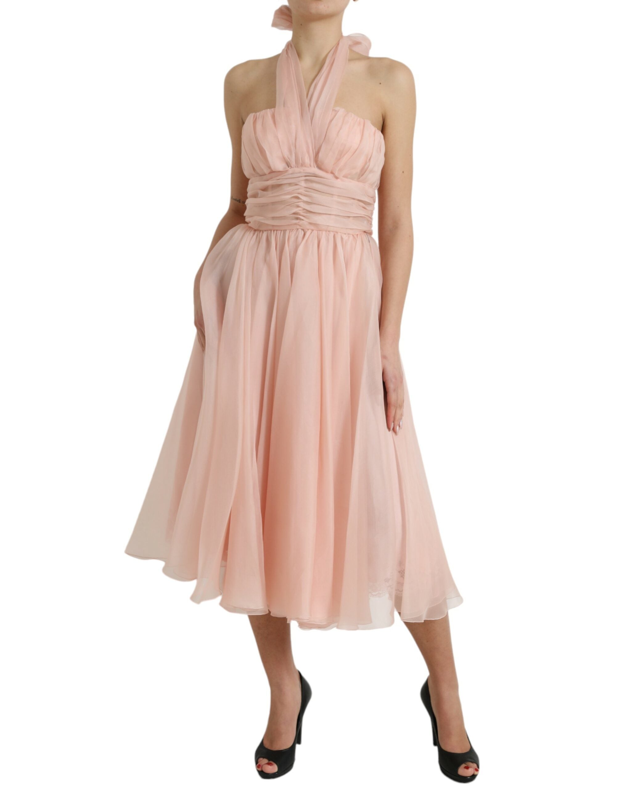 Dolce & Gabbana Rosa Seidenchiffon Halter A-Linie plissiertes Midikleid