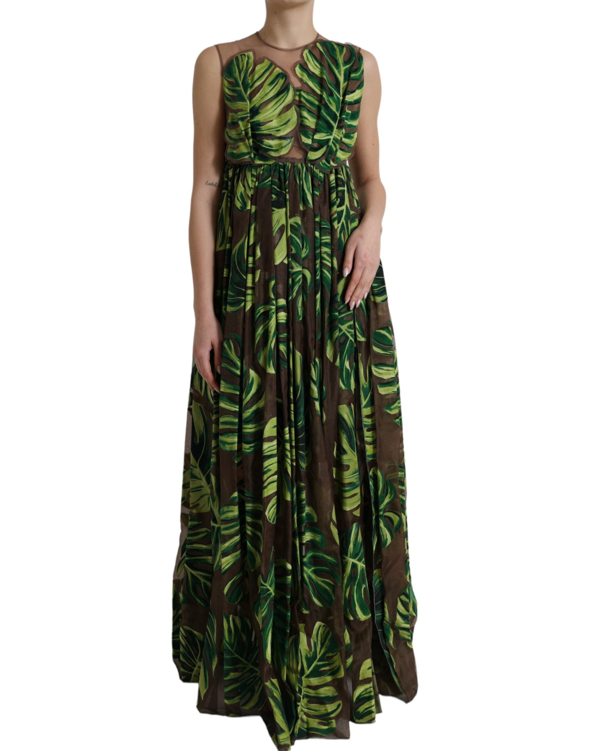 Dolce & Gabbana Grünes ärmelloses langes Maxikleid mit Bananenblättern