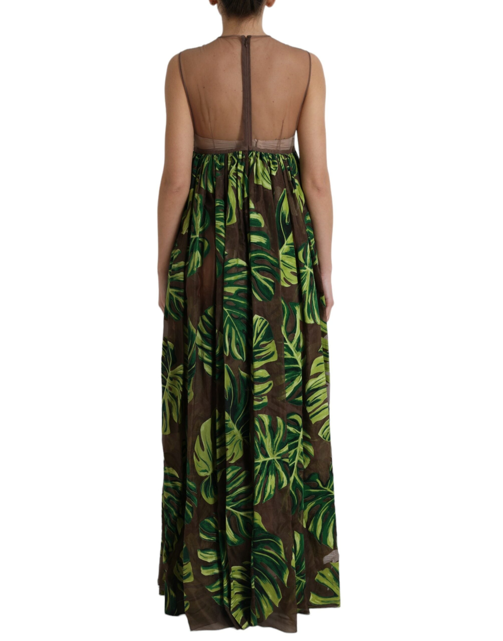 Dolce & Gabbana Grünes ärmelloses langes Maxikleid mit Bananenblättern