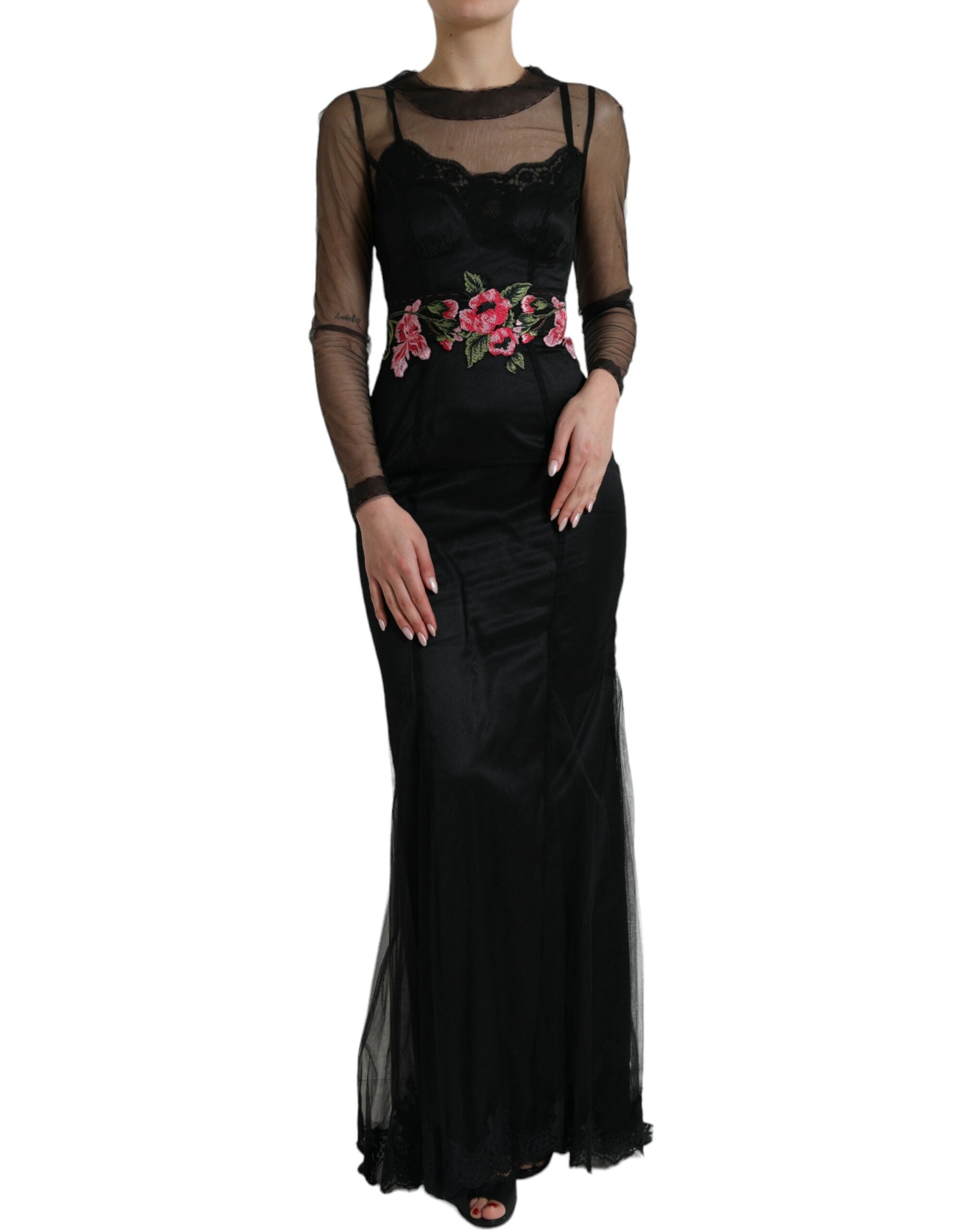 Dolce & Gabbana Schwarzes Kleid mit floraler Stickerei aus Mesh-Tüll