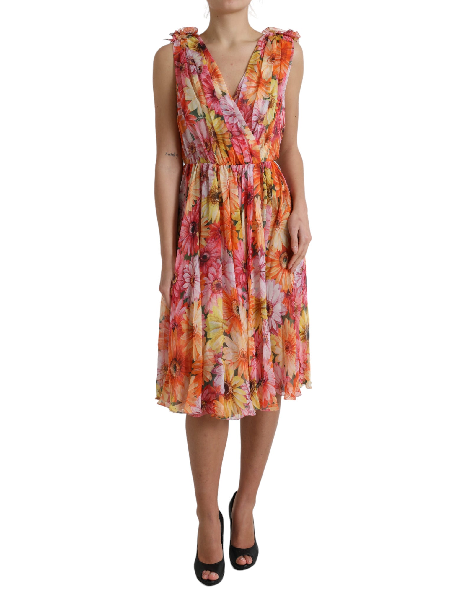 Dolce & Gabbana Mehrfarbiges Midikleid aus Seide mit Sonnenblumendruck