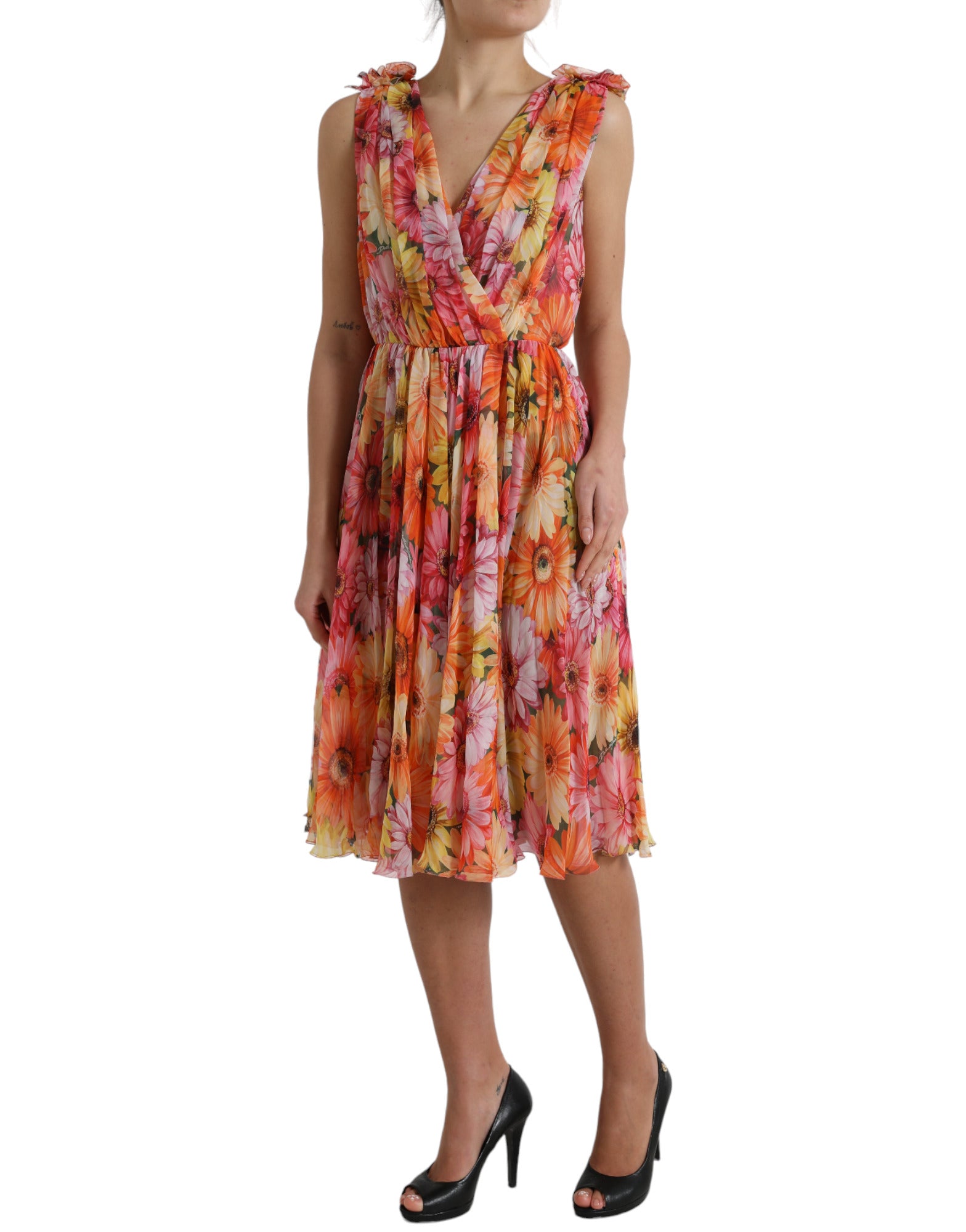 Dolce & Gabbana Mehrfarbiges Midikleid aus Seide mit Sonnenblumendruck