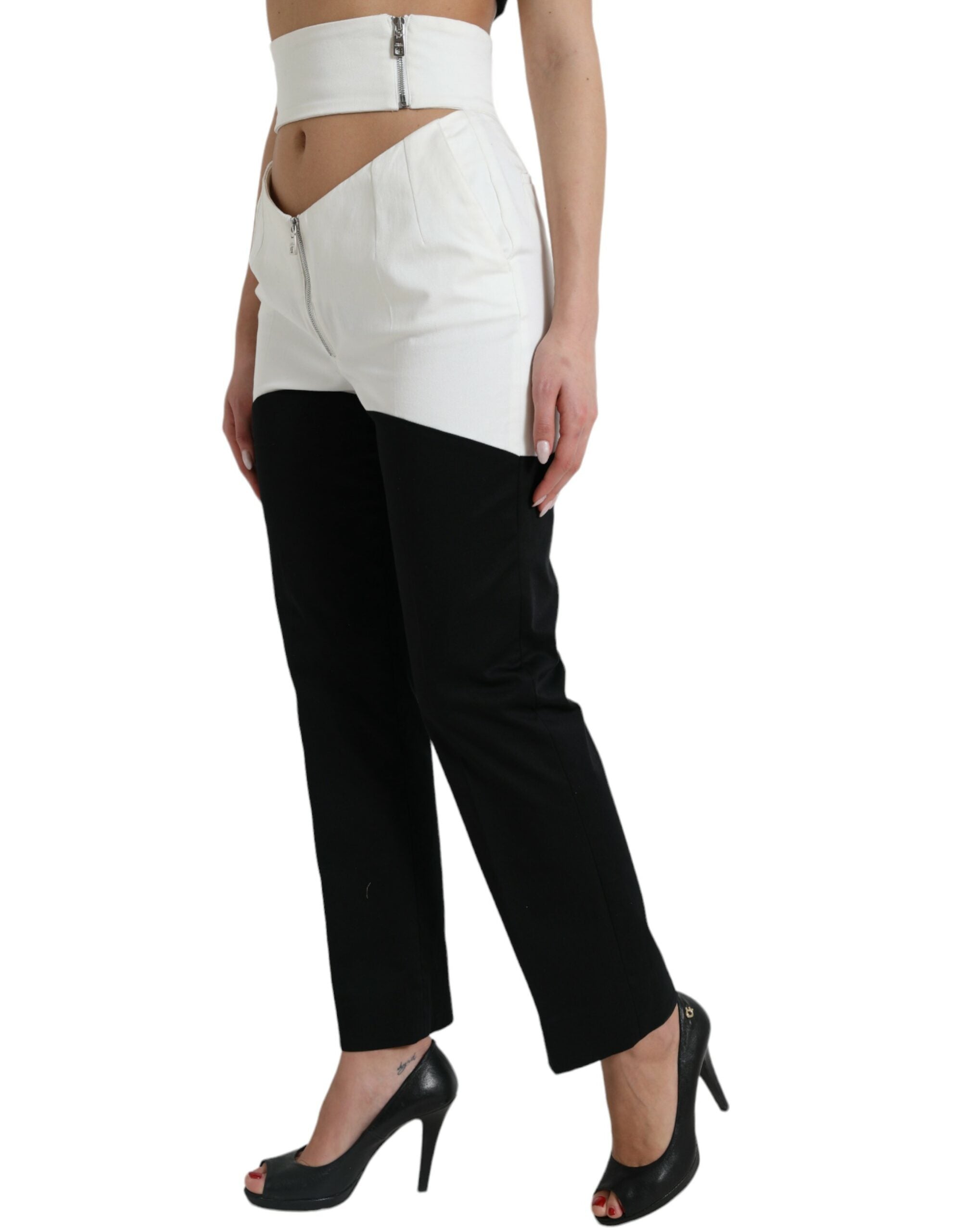 Dolce & Gabbana Schwarz-Weiß Baumwolle Cut Out Taille Tapered Pants