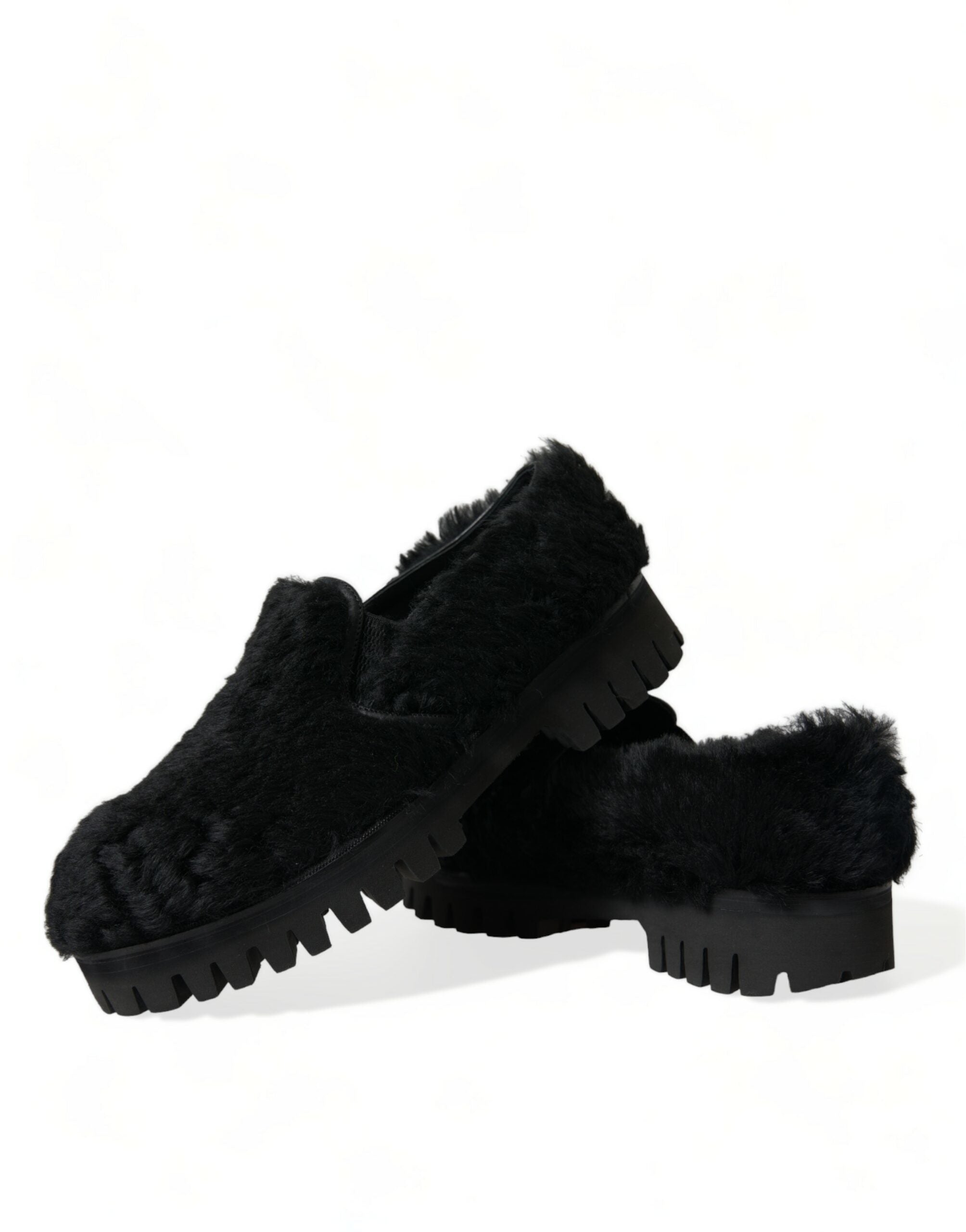 Dolce & Gabbana Schwarz Pelz Leder Hausschuhe Kleid Schuhe