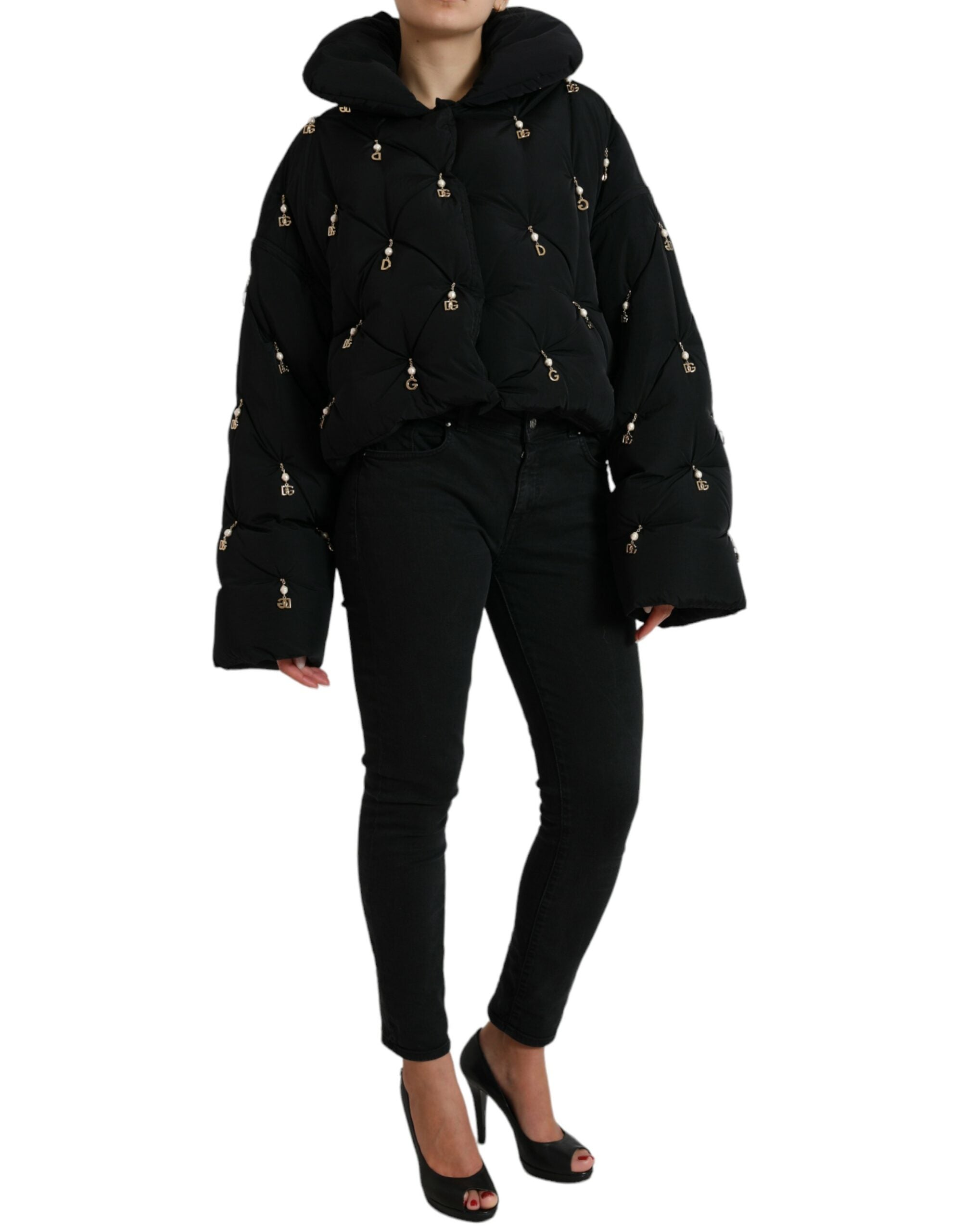 Dolce & Gabbana Schwarze Bomberjacke aus gestepptem Shell mit Verzierungen