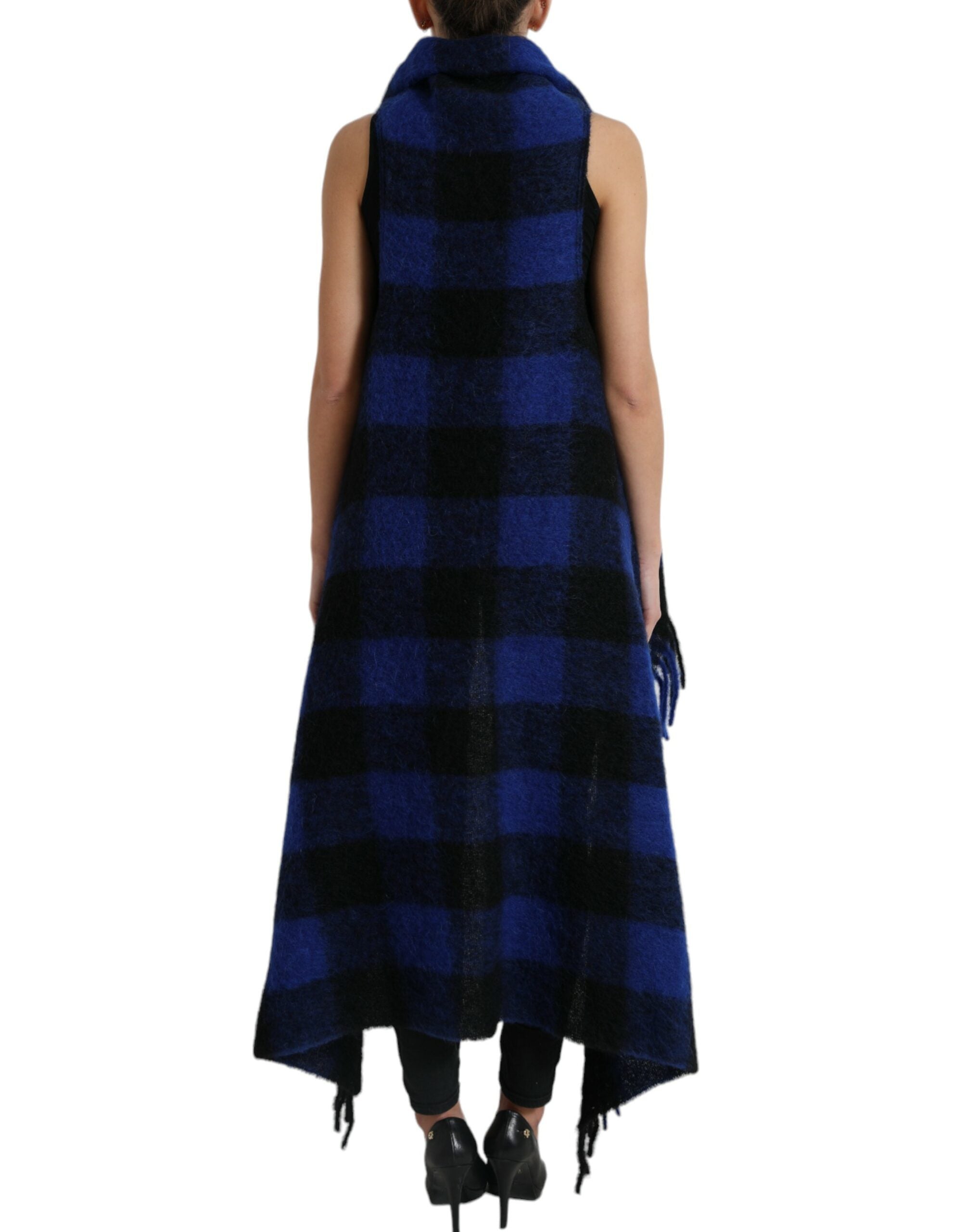 Dolce & Gabbana Schwarz Blau Büffelkaro Poncho Mantel Pullover