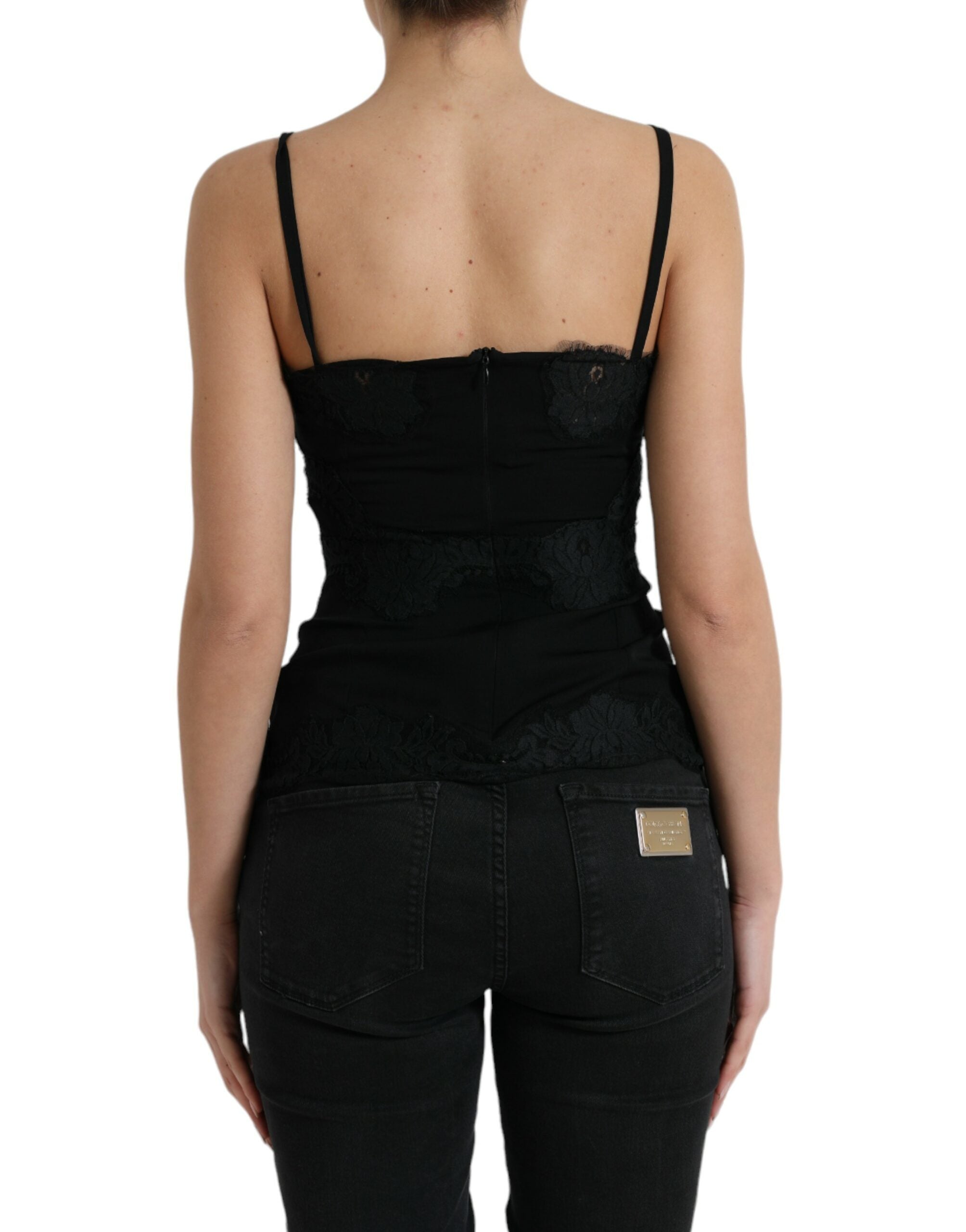 Dolce & Gabbana Schwarzes Seiden-Stretch-Spitzen-Tanktop ohne Ärmel