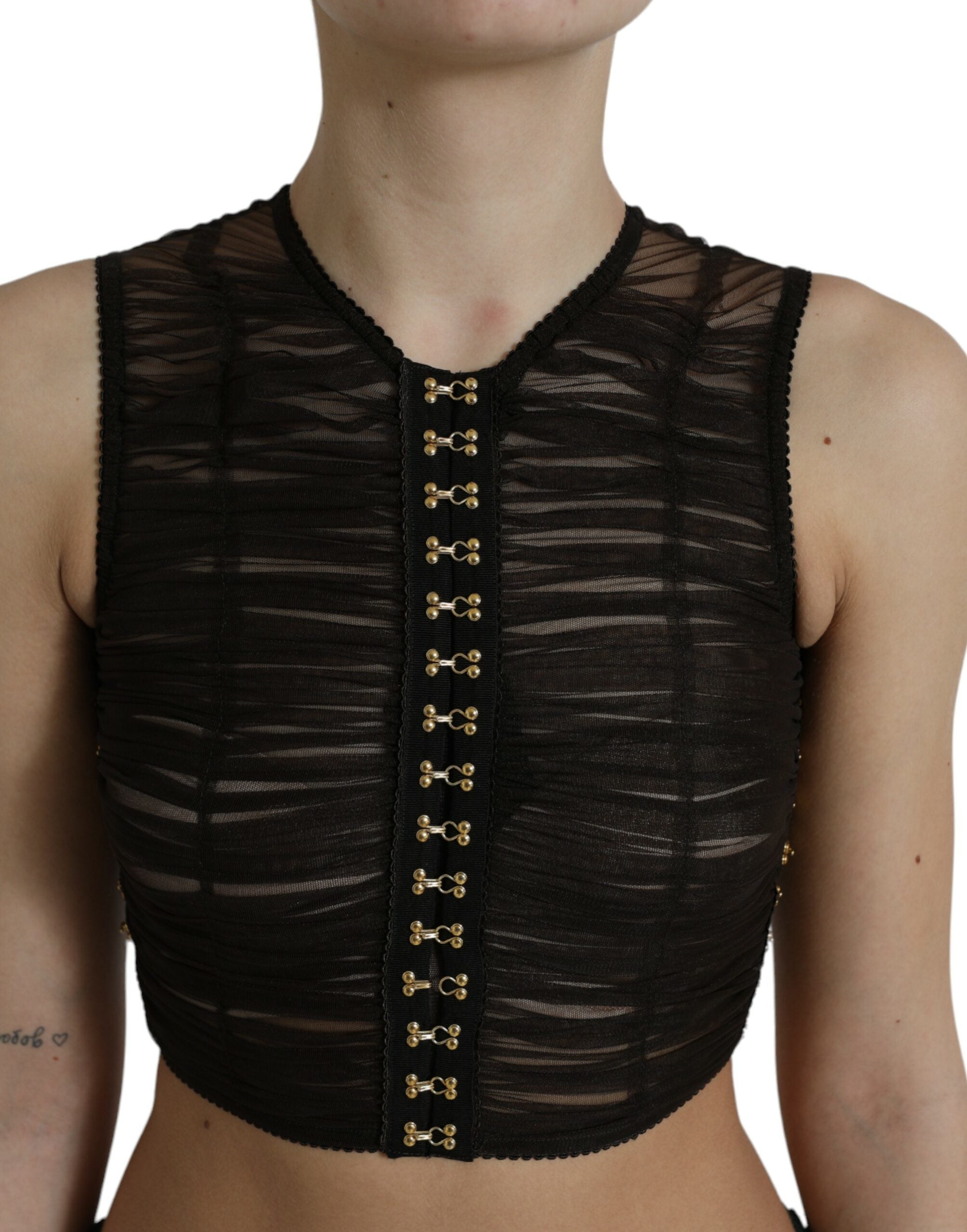 Dolce & Gabbana Braunes verschönertes Nylon Stretch Cropped Top