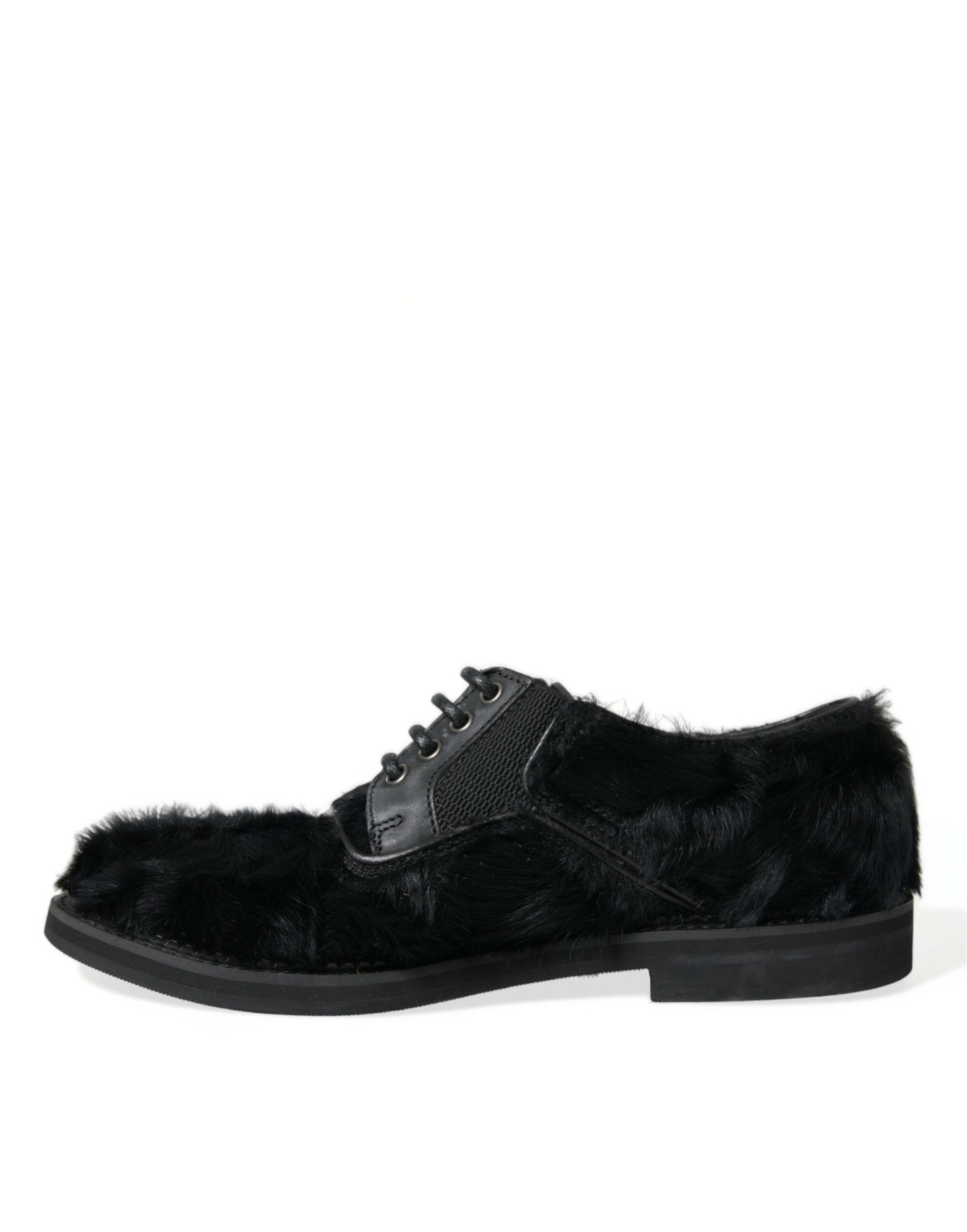 Dolce & Gabbana Schwarze Pelz Leder Schnürschuhe Derby Dress