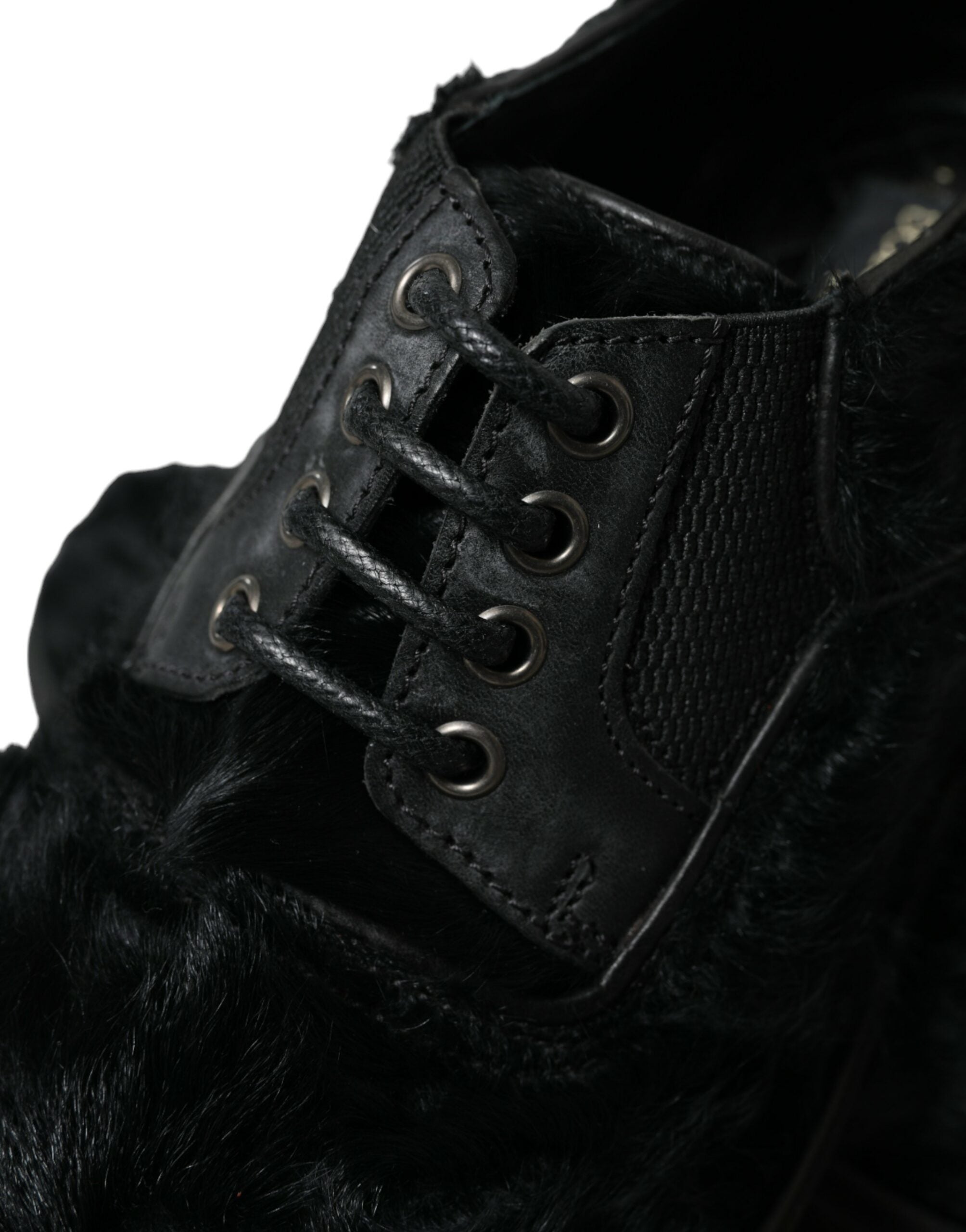 Dolce & Gabbana Schwarze Pelz Leder Schnürschuhe Derby Dress