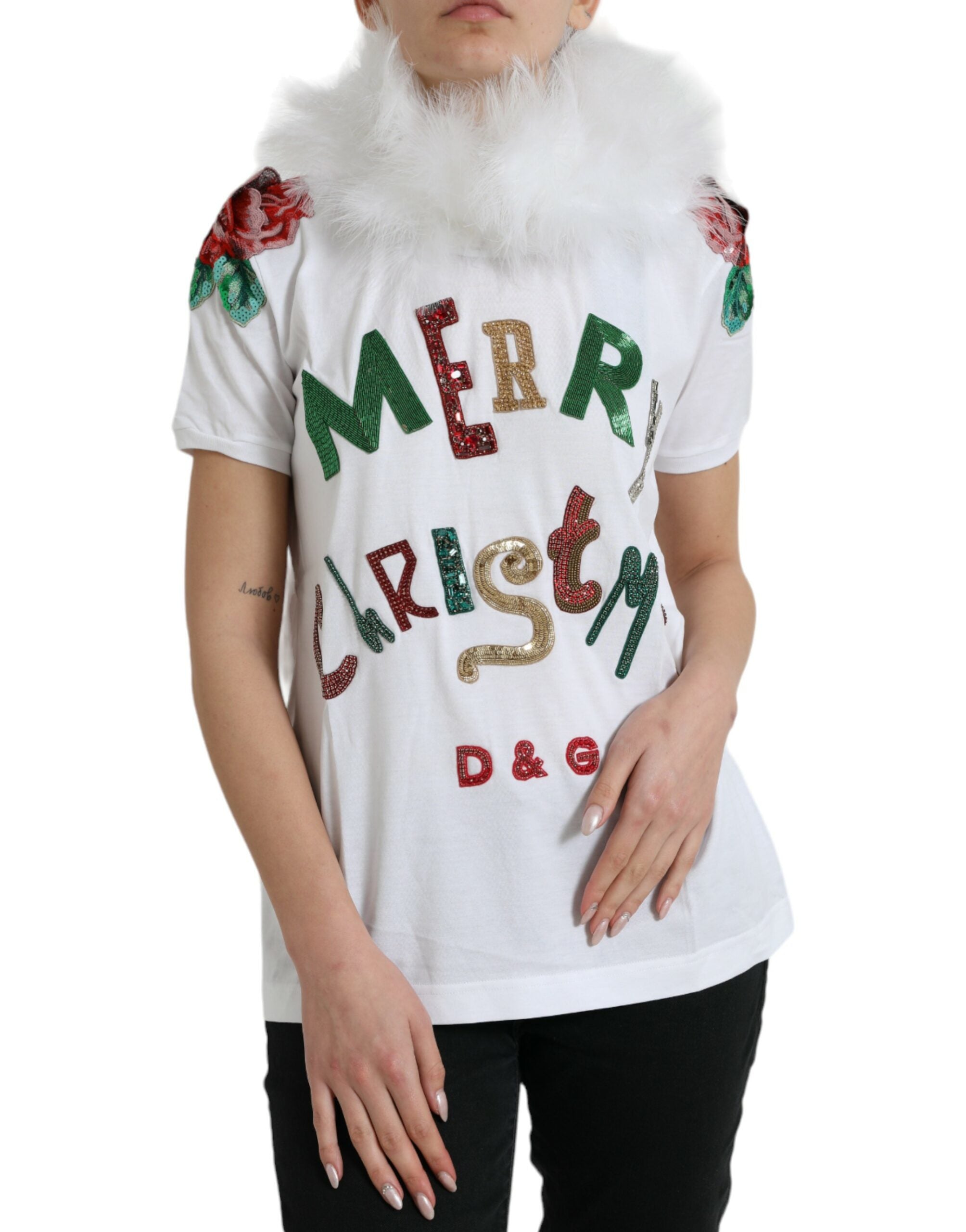 Dolce & Gabbana Weißes Baumwoll-Weihnachts-T-Shirt mit Paillettenpelz