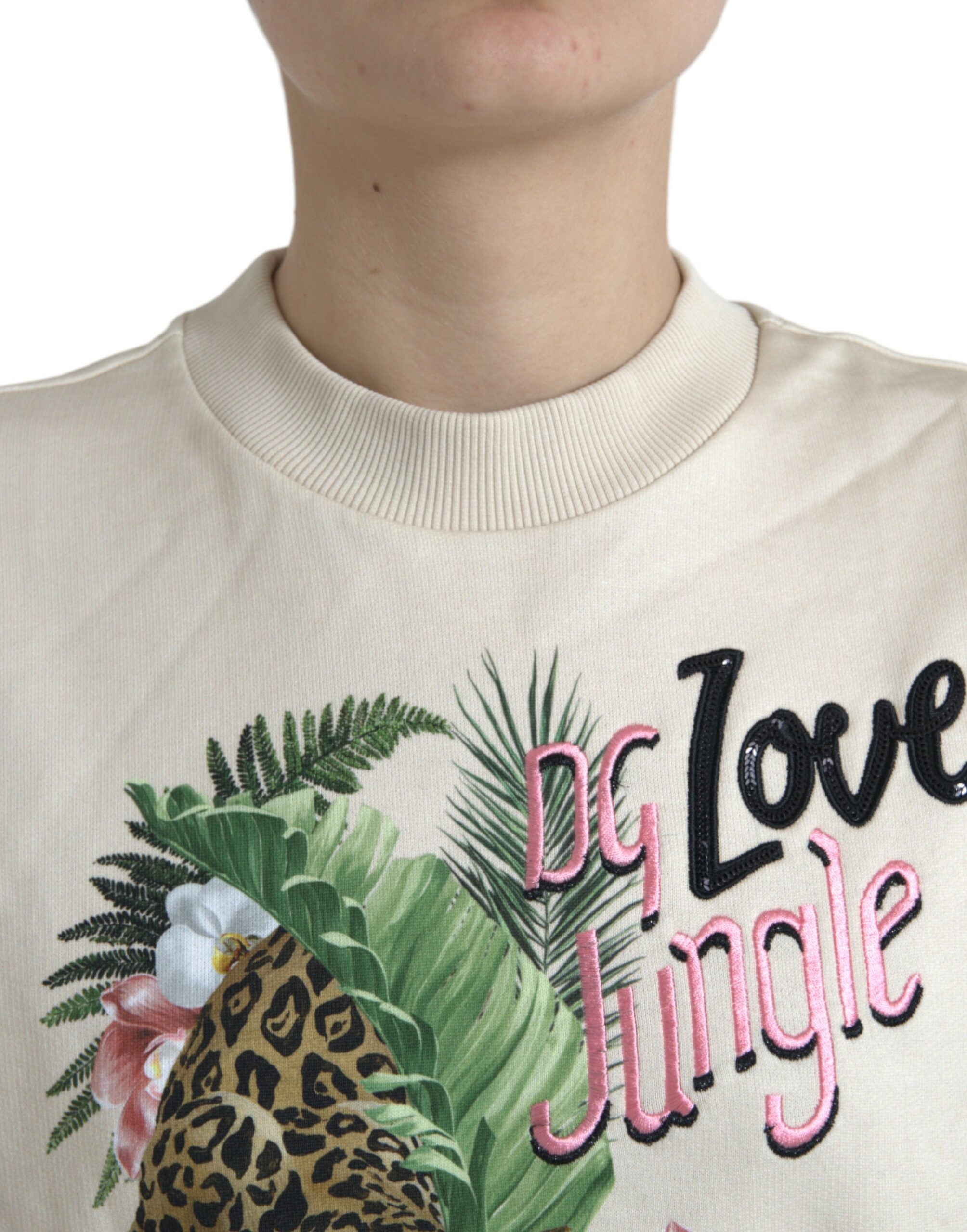 Dolce & Gabbana Beigefarbener Pullover aus bedruckter Baumwolle mit Dschungelmuster