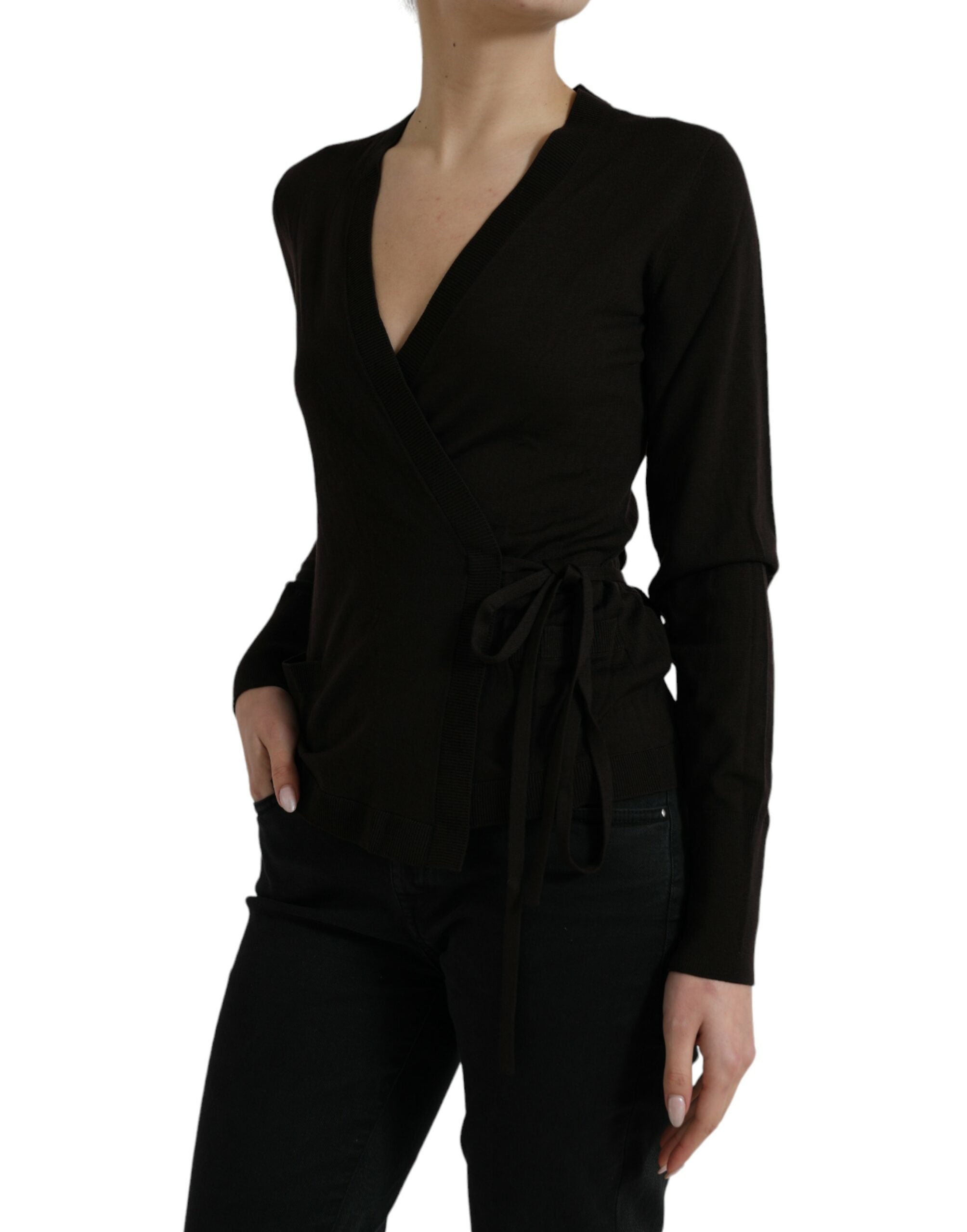 Dolce & Gabbana Schwarzer Wollpullover mit V-Ausschnitt und gekreuztem Kragen