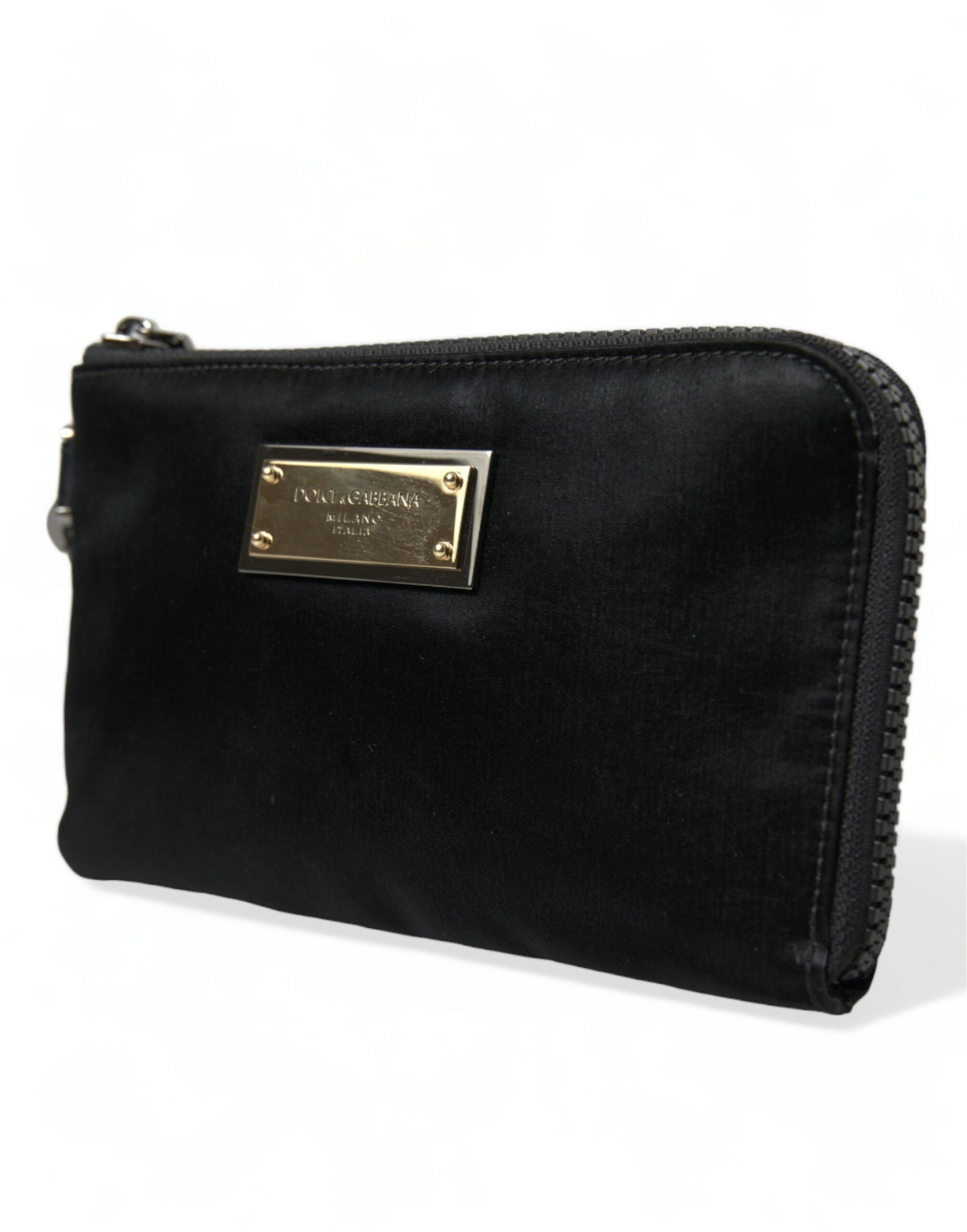 Dolce & Gabbana Schwarzes Nylon Logo Plaque Schlüsselanhänger Tasche Clutch