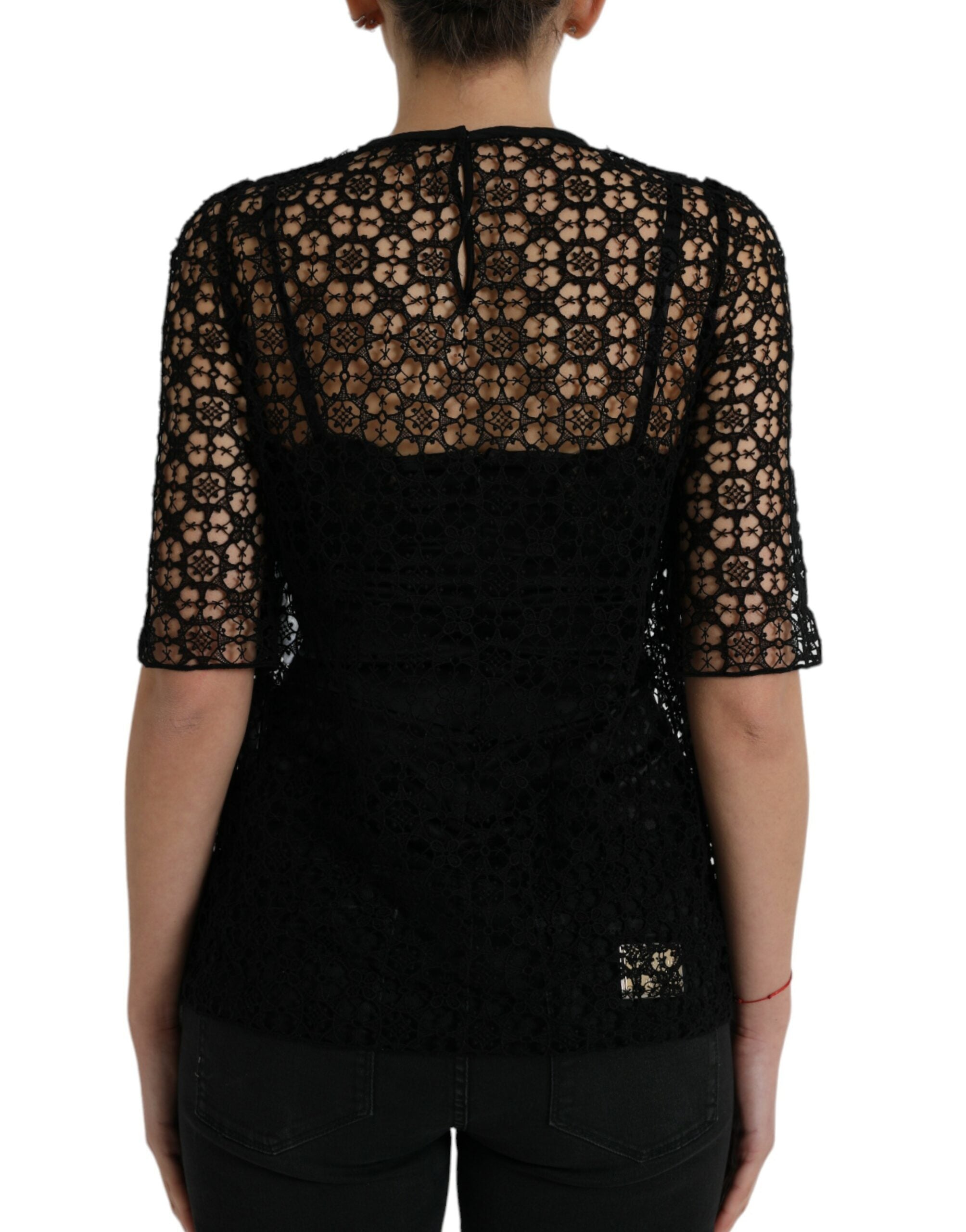 Dolce & Gabbana Schwarzes Blusentop mit floraler Spitze und kurzen Ärmeln