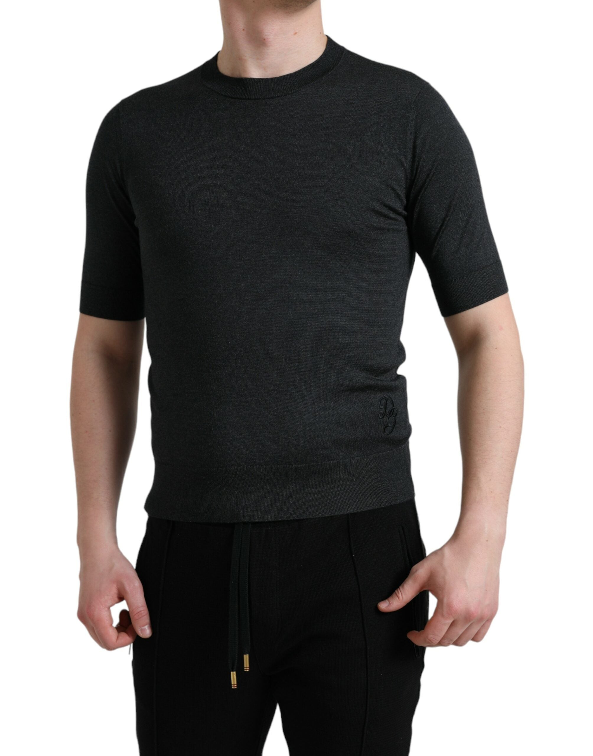 Dolce & Gabbana Dunkelgraues T-Shirt mit Rundhalsausschnitt und kurzen Ärmeln